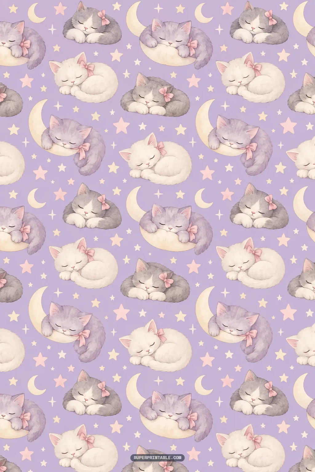 Fluffy sleeping kittens curled on yellow crescent moons with glowing stars on purple paper