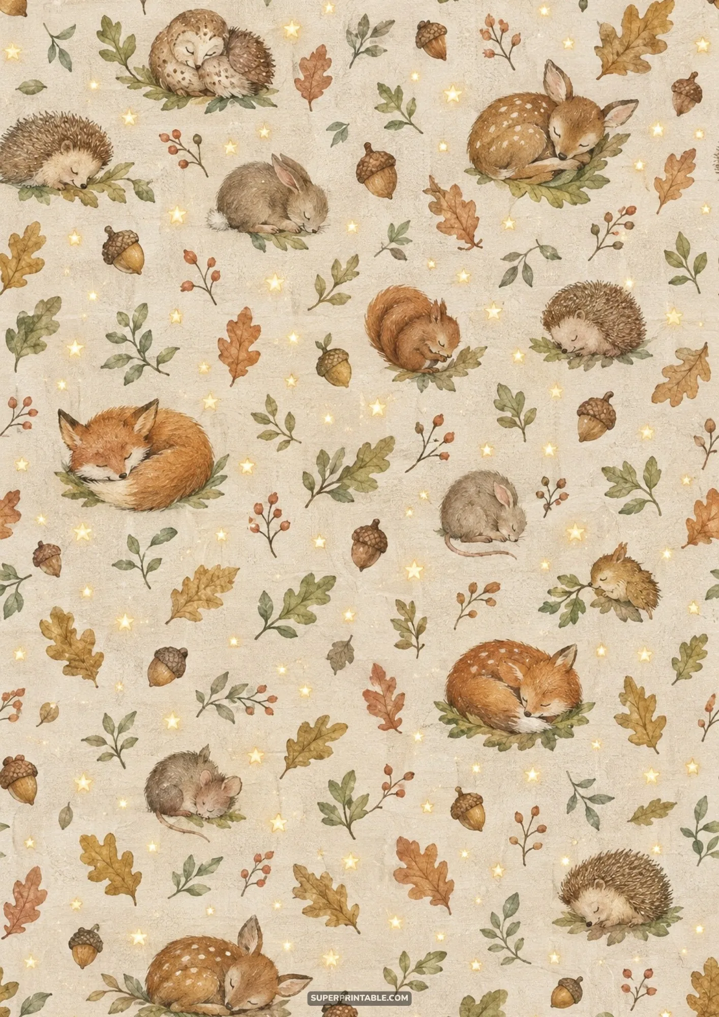Seamless pattern of sleeping forest fawns foxes hedgehogs and bunnies surrounded by twinkling stars