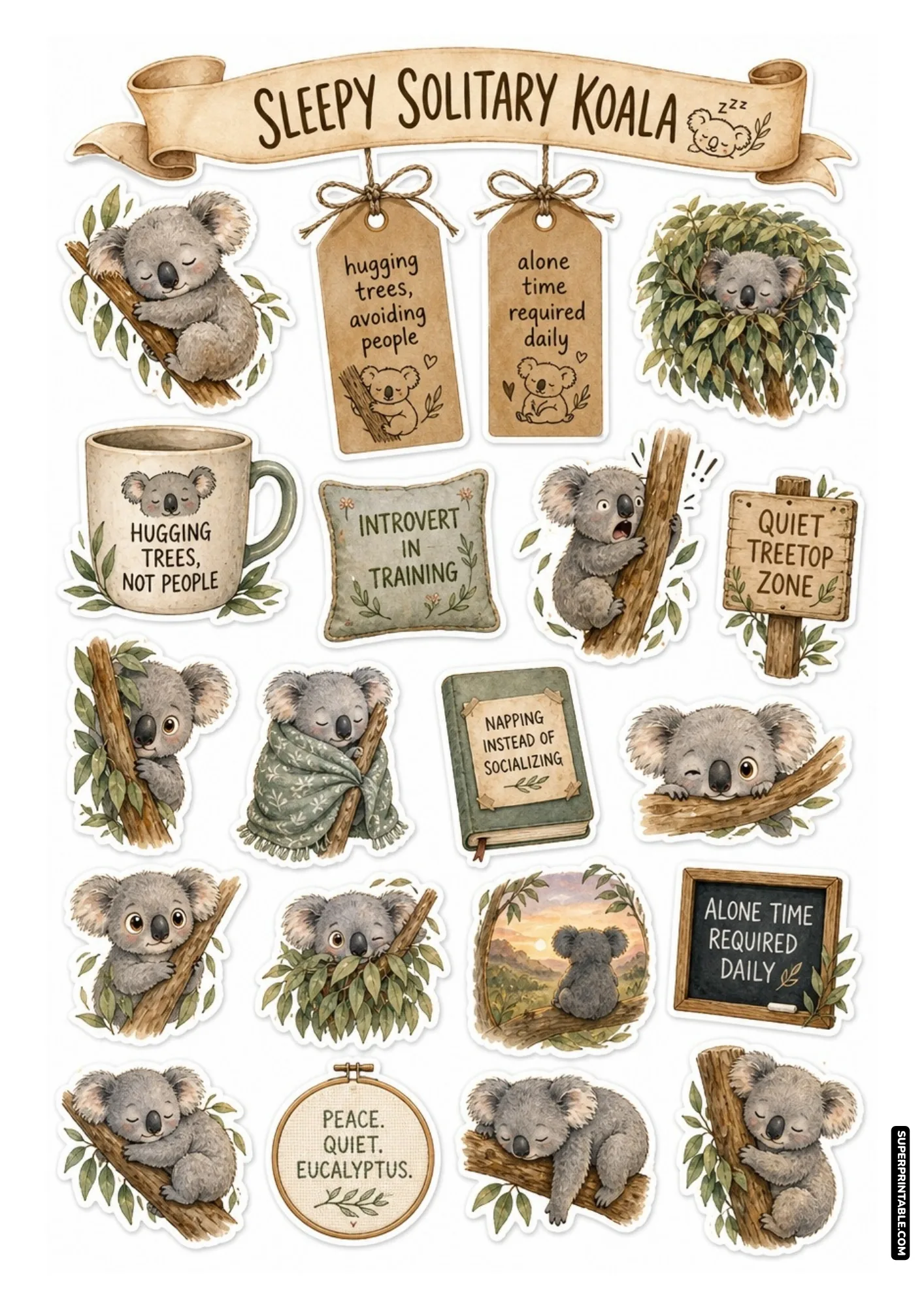 Soft watercolor koala stickers hugging eucalyptus branches, napping in cozy blankets, and enjoying nature views