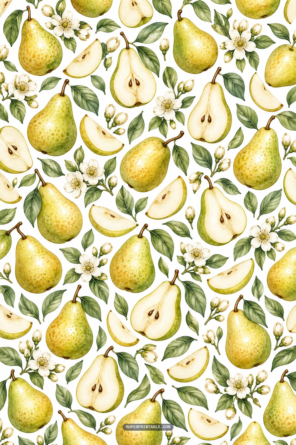 Watercolor botanical pattern of whole pears, halved fruit showing seeds, pear wedges, and white blooms.