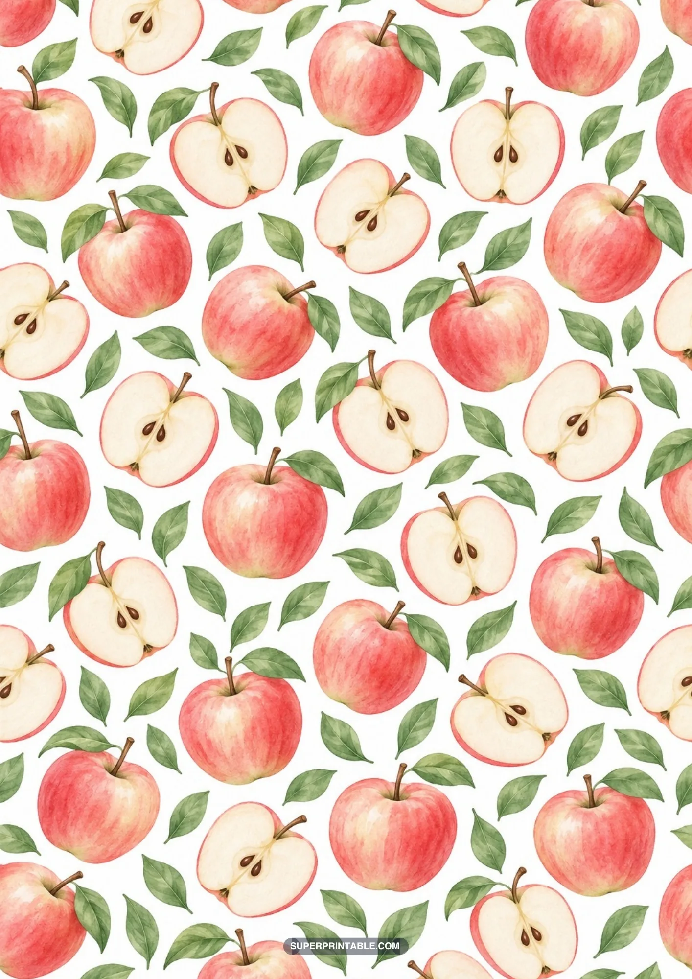 Sliced and whole watercolor apples with detailed seed cores and scattered leaves