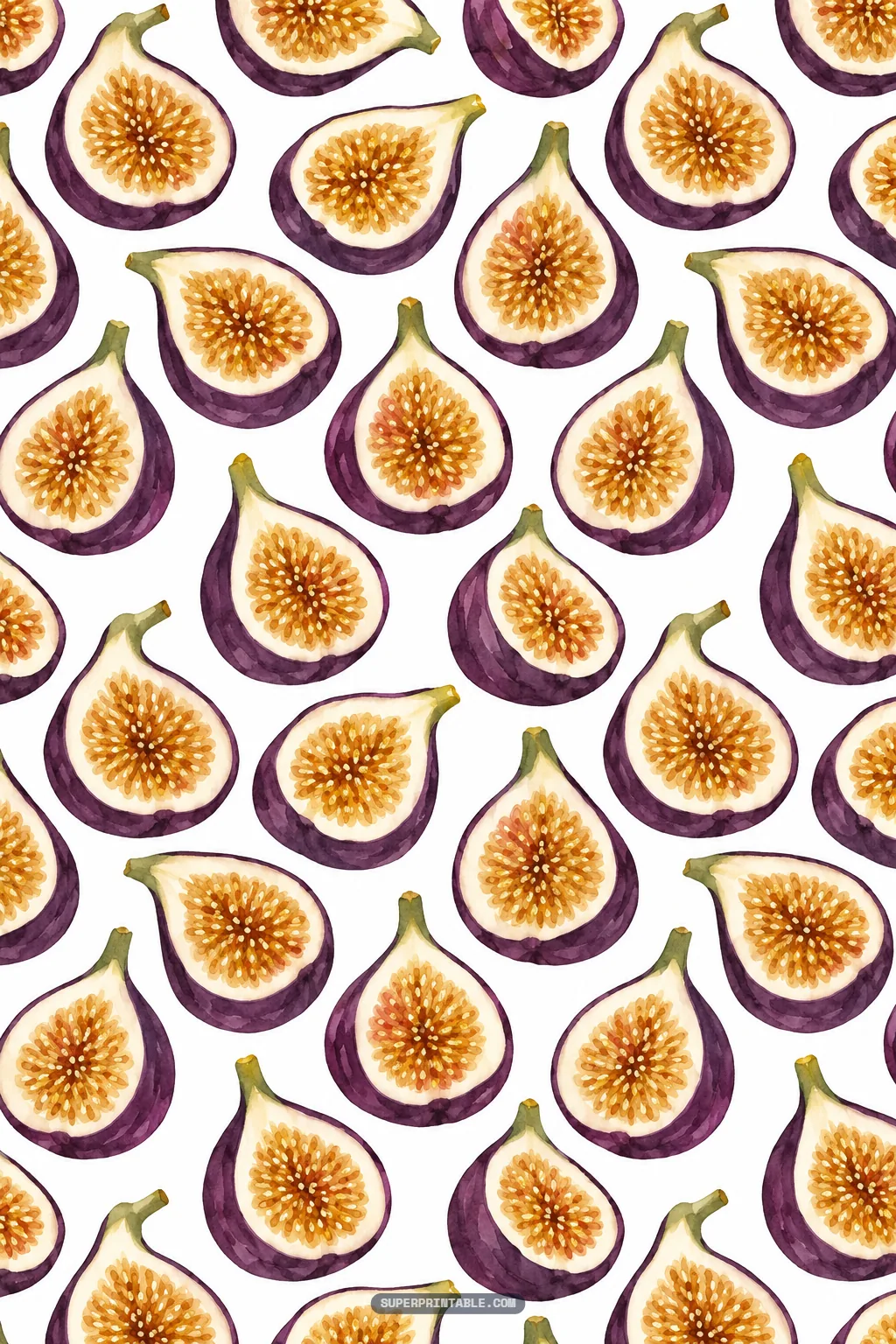Diagonal repeating pattern of watercolor sliced fig halves with golden-amber centers on a crisp white backdrop