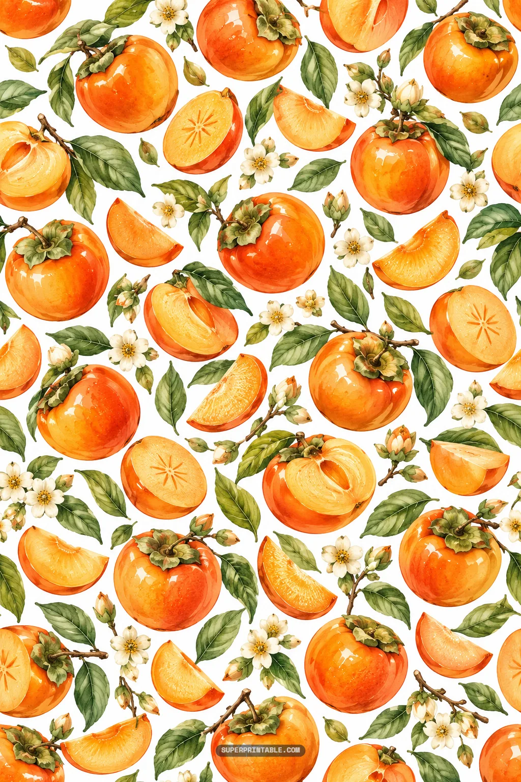 Arrangement of sliced and whole persimmons showing pulp and wedges nestled among botanical leaves and blossoms