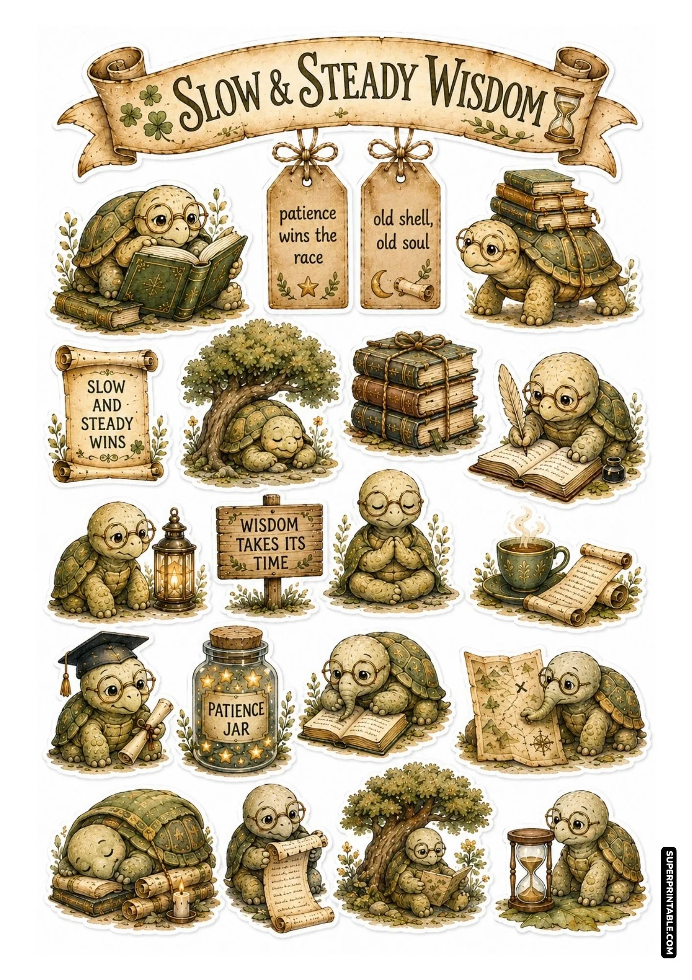 Slow and steady tortoise sticker sheet with spectacles, hourglass, wooden signs, and vintage book stacks.
