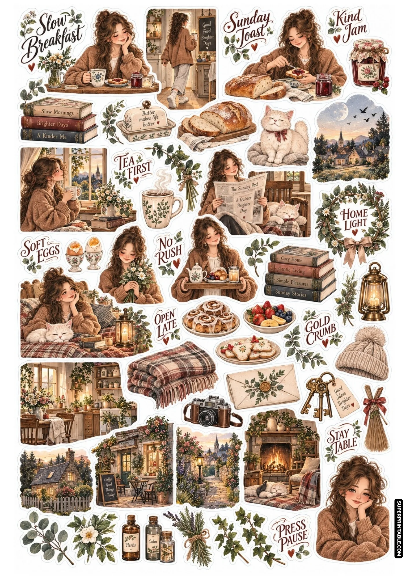 Cozy girl drinking tea and eating toast on printable sunday morning sticker sheets for bullet journaling