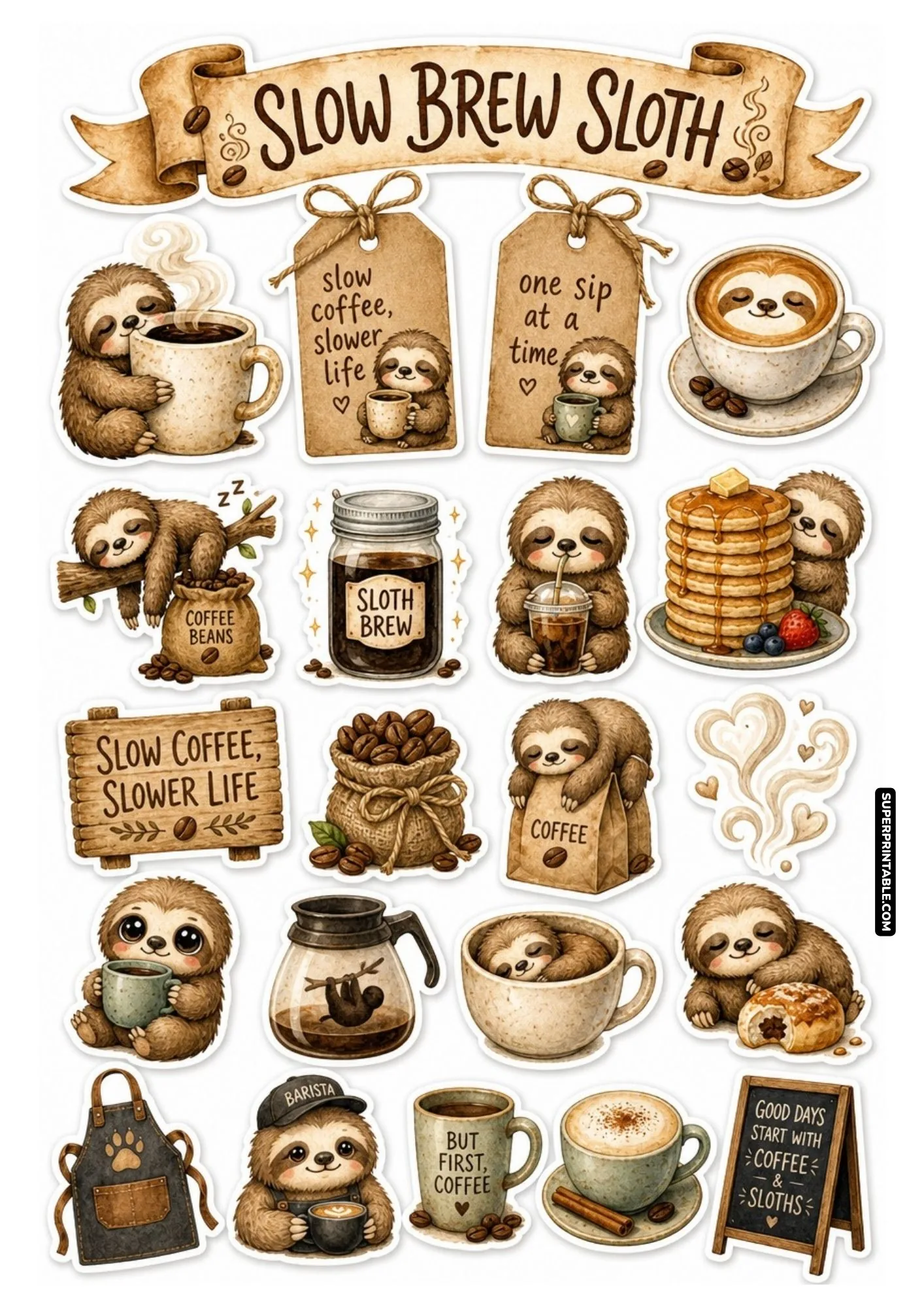 Printable coffee animals sticker sheets featuring adorable sloths with warm mugs and coffee beans.