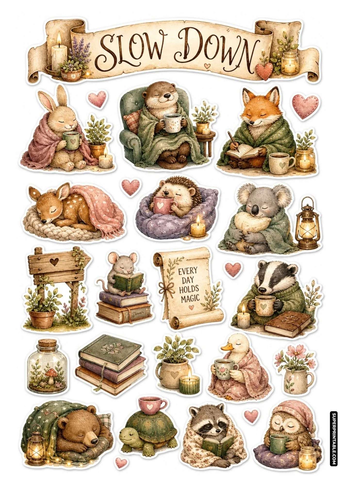 Slow down themed sticker sheet showing cozy sleeping bear, deer, and journaling fox.