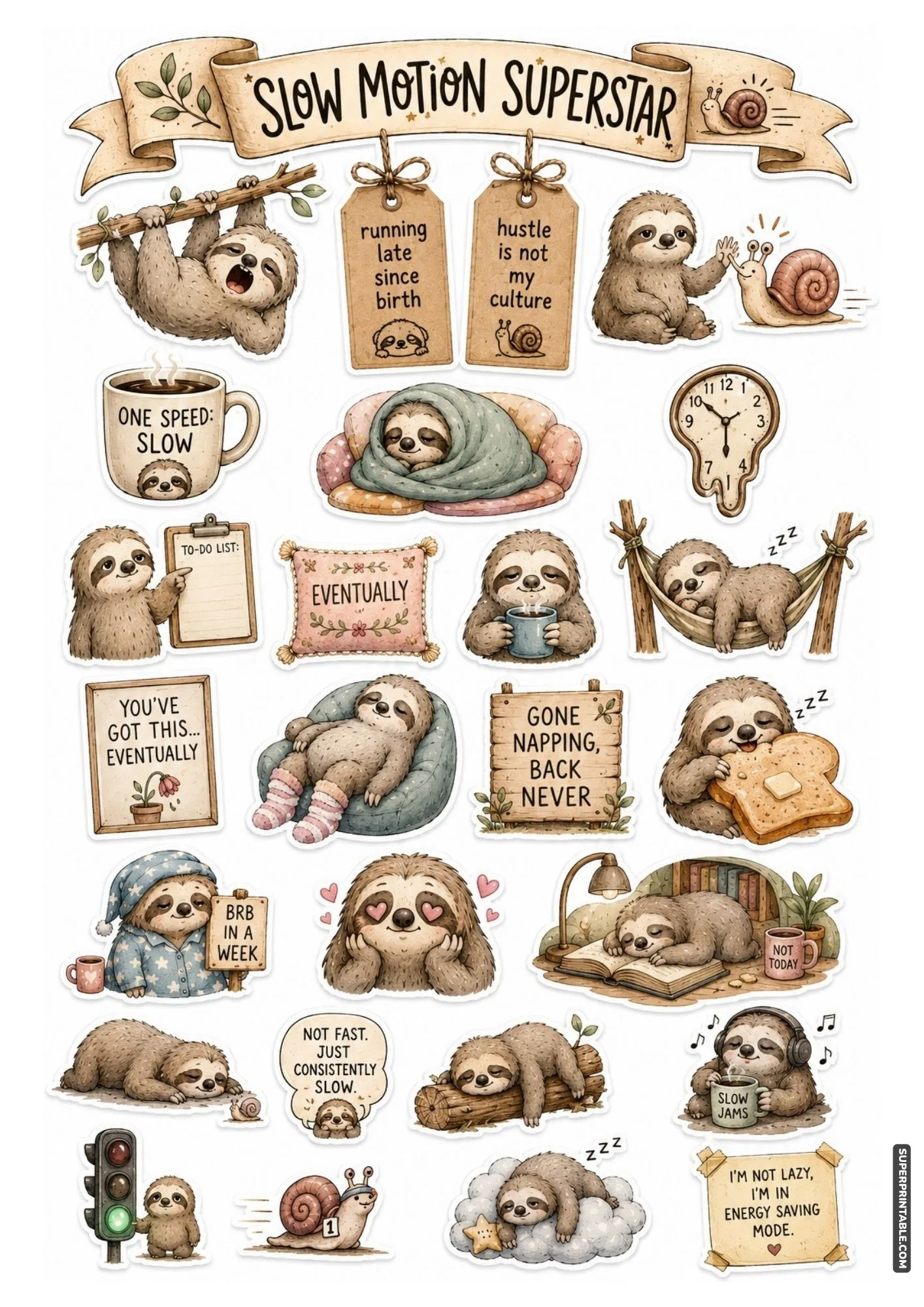Charming sloth printable sticker sheet showing slow sloths drinking coffee and lounging in hammocks.