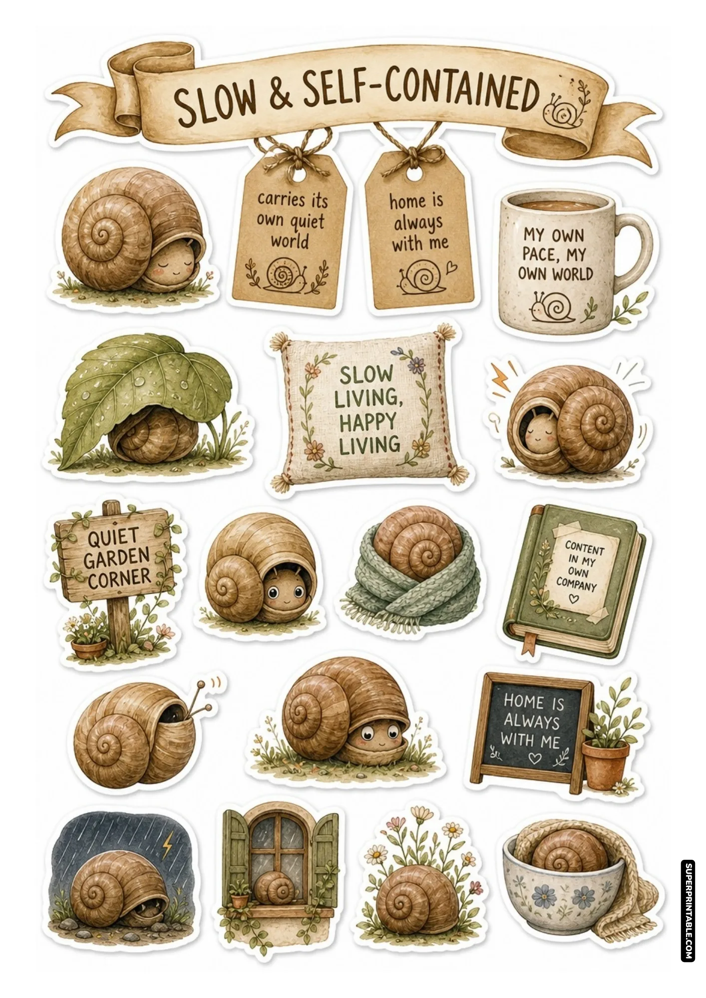 Gentle garden snail stickers tucked in spiral shells, resting under leaves, and relaxing inside teacups