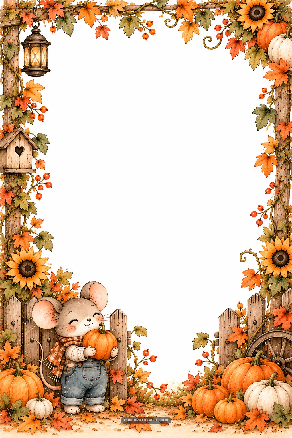 Whimsical watercolor border featuring a cute mouse in overalls holding a pumpkin by a wooden fence.