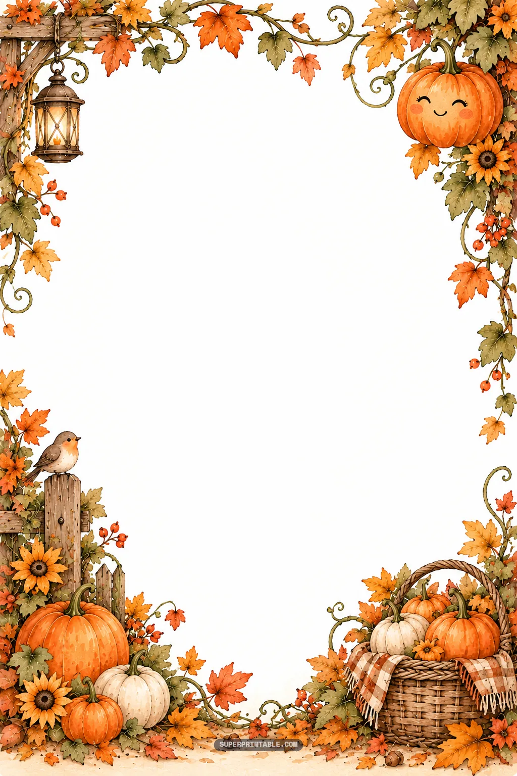 Watercolor autumn border featuring a smiling pumpkin, glowing lantern, and woven basket of harvest gourds.