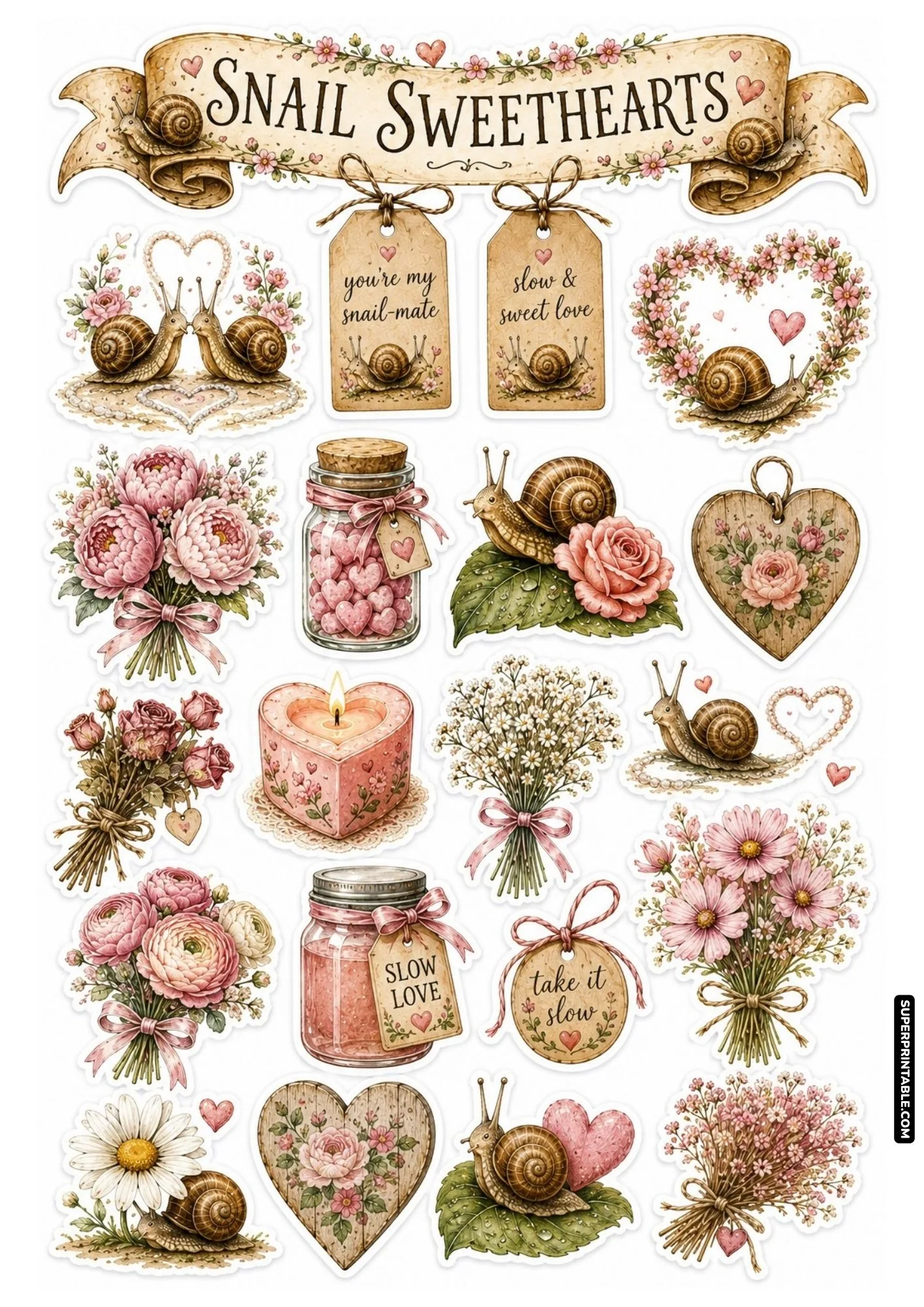 Romantic snail sticker sheet with kissing garden snails, heart wreaths, pink roses, and love notes.