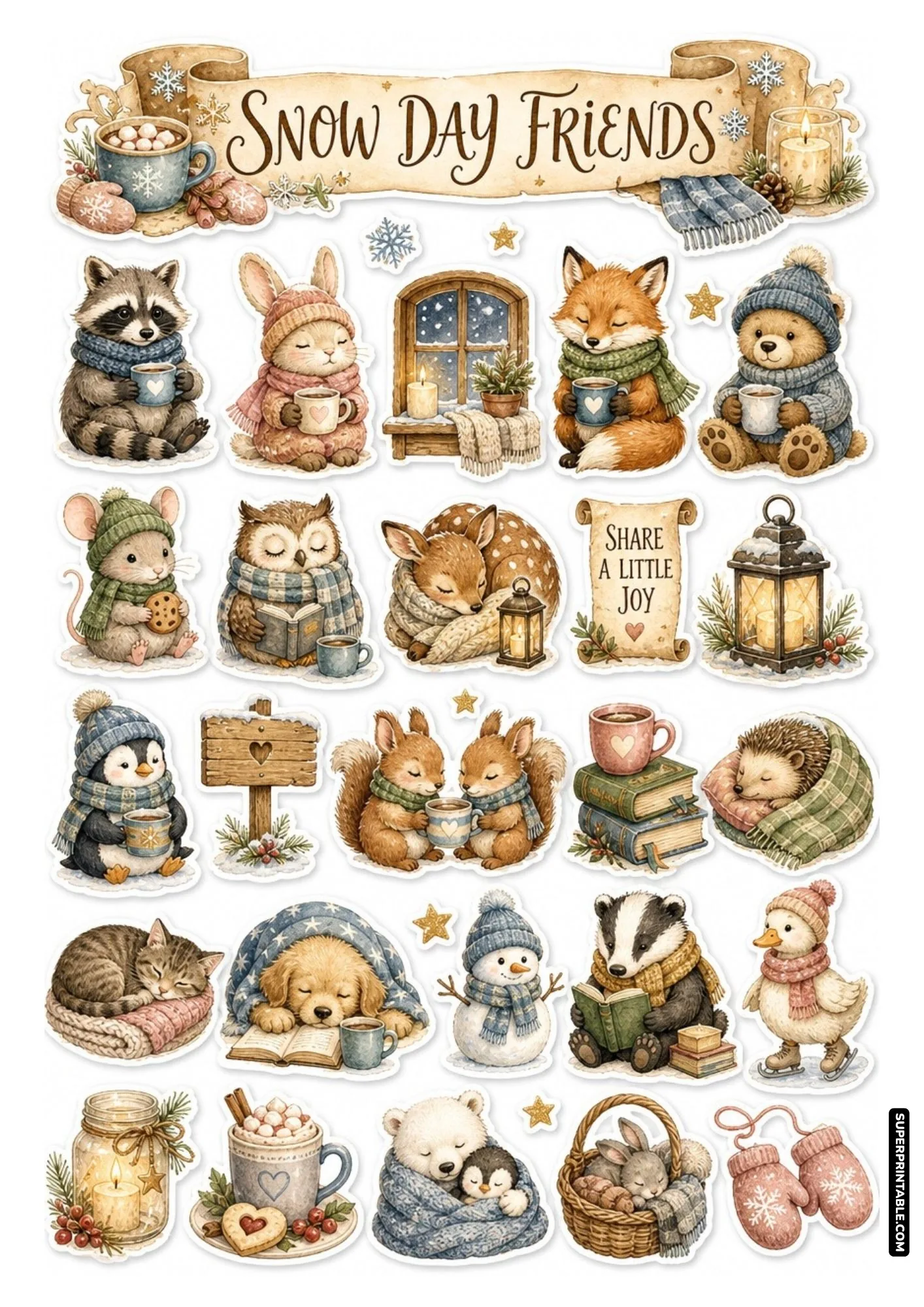 Snow day friends sticker sheet with animals sharing hot cocoa and reading books together.