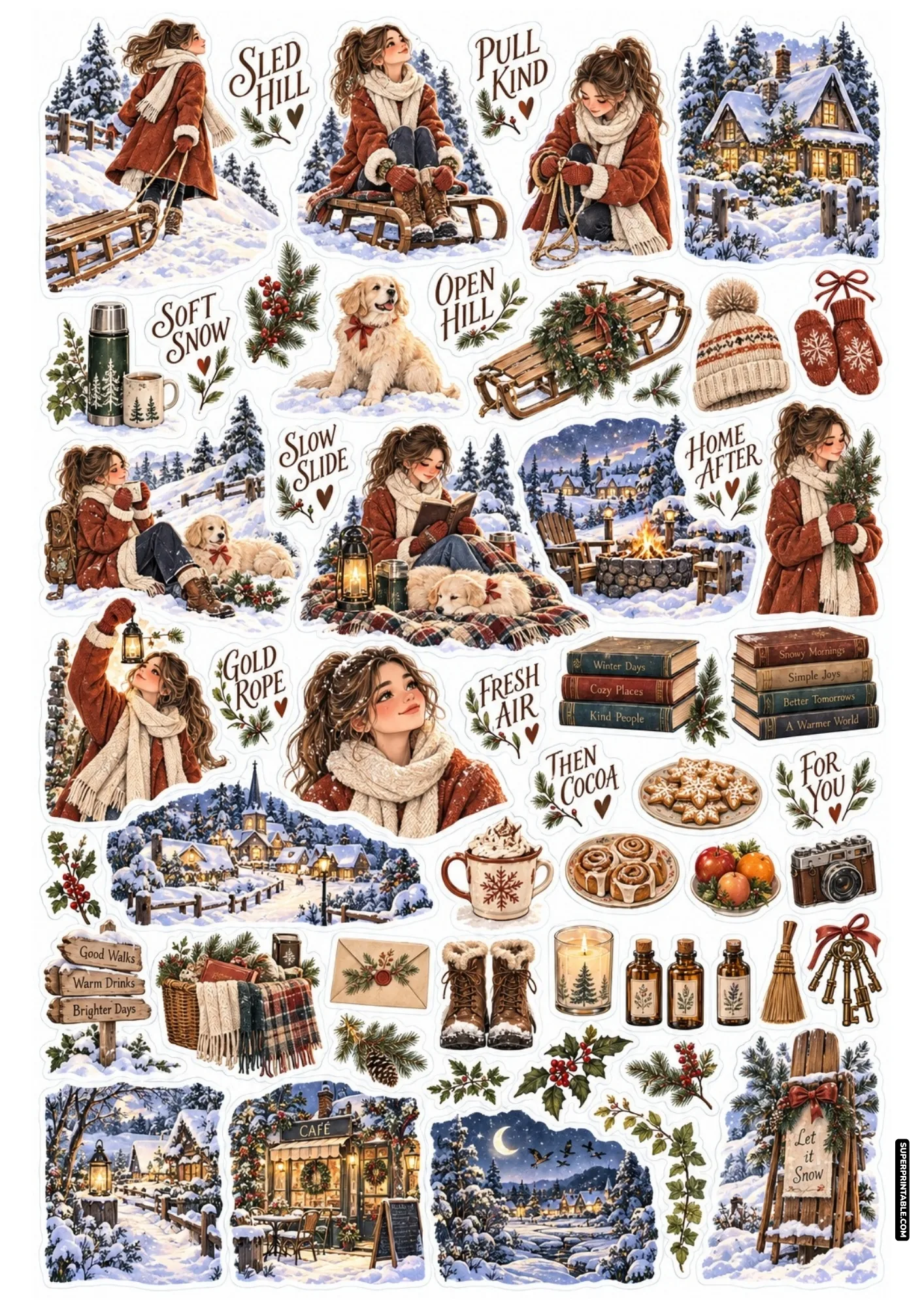 Winter sledding sticker sheet with vintage wooden toboggans, rust coat outfits, and playful snow adventures.