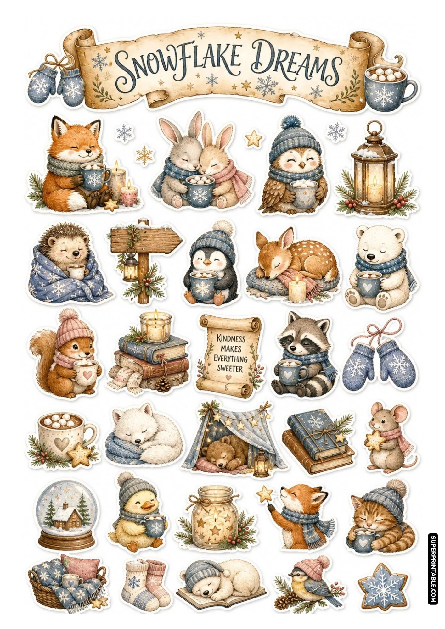 Printable sheet of cozy winter wisdom sticker sheets with woodland animals and hot cocoa.