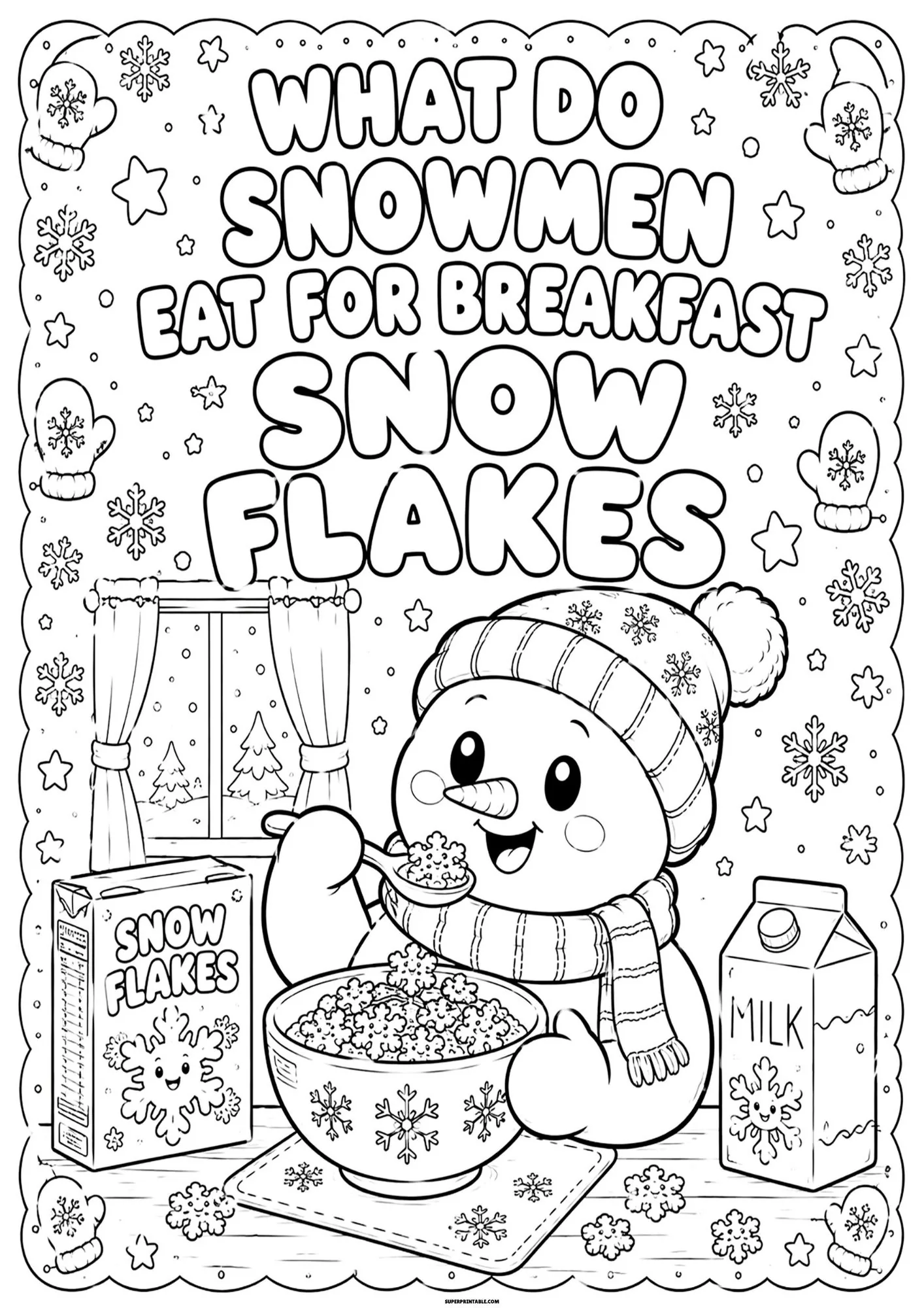 Snowman eating snowflake cereal from a bowl with a milk carton on the side.