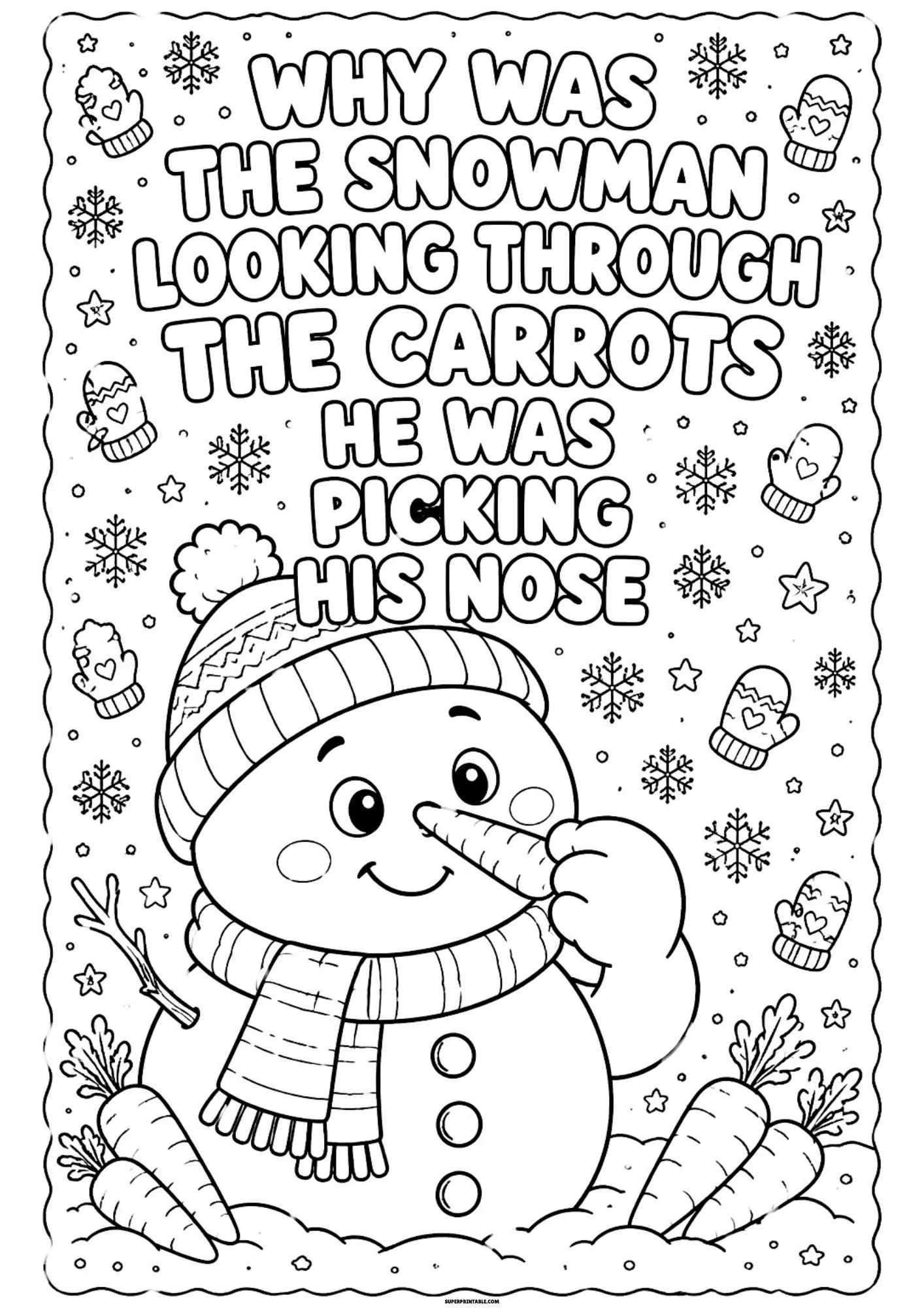 Snowman choosing a carrot nose with a silly winter pun displayed above.