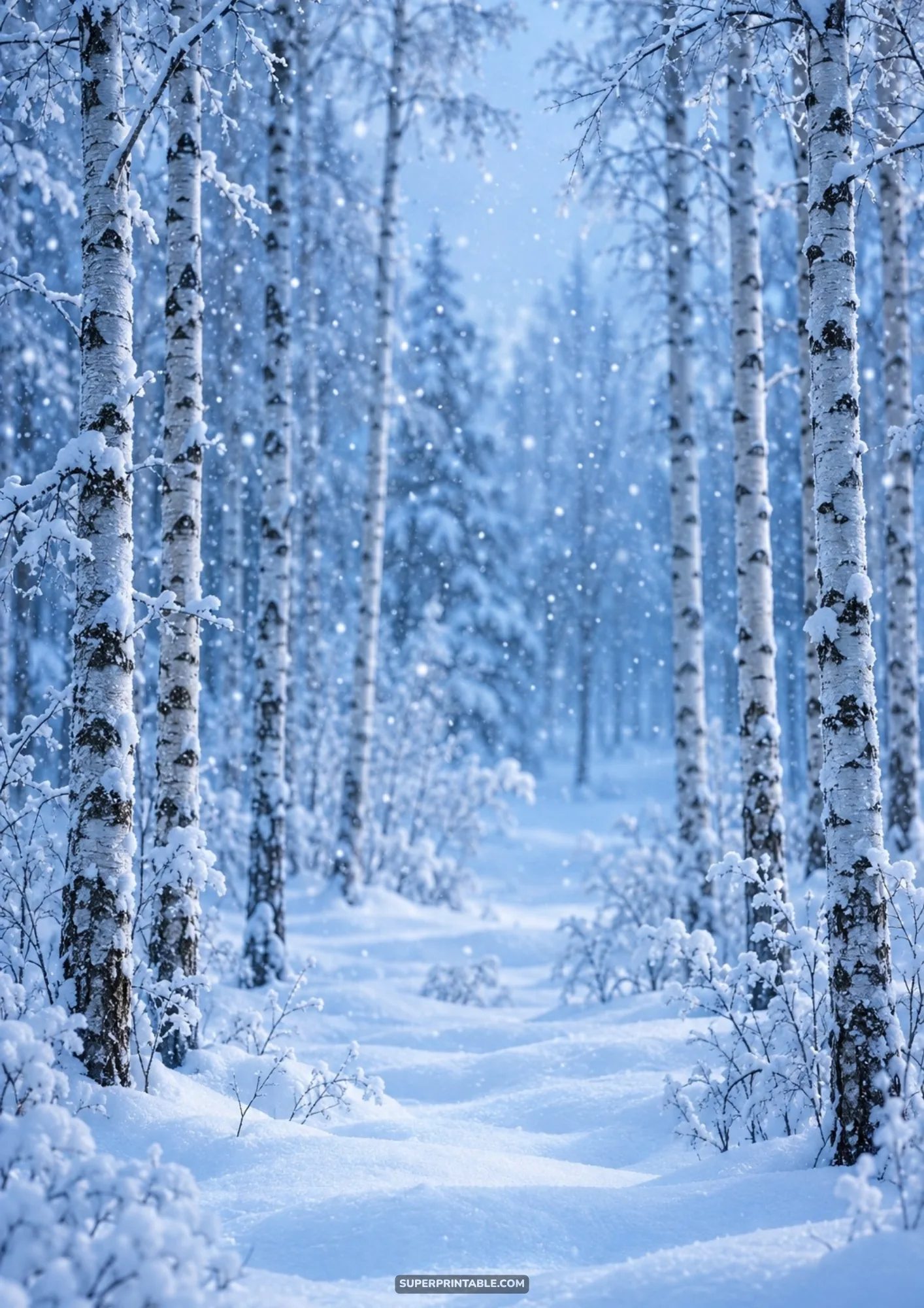 Tall snow-dusted white birch trees lining a quiet winter forest path during a gentle snowfall