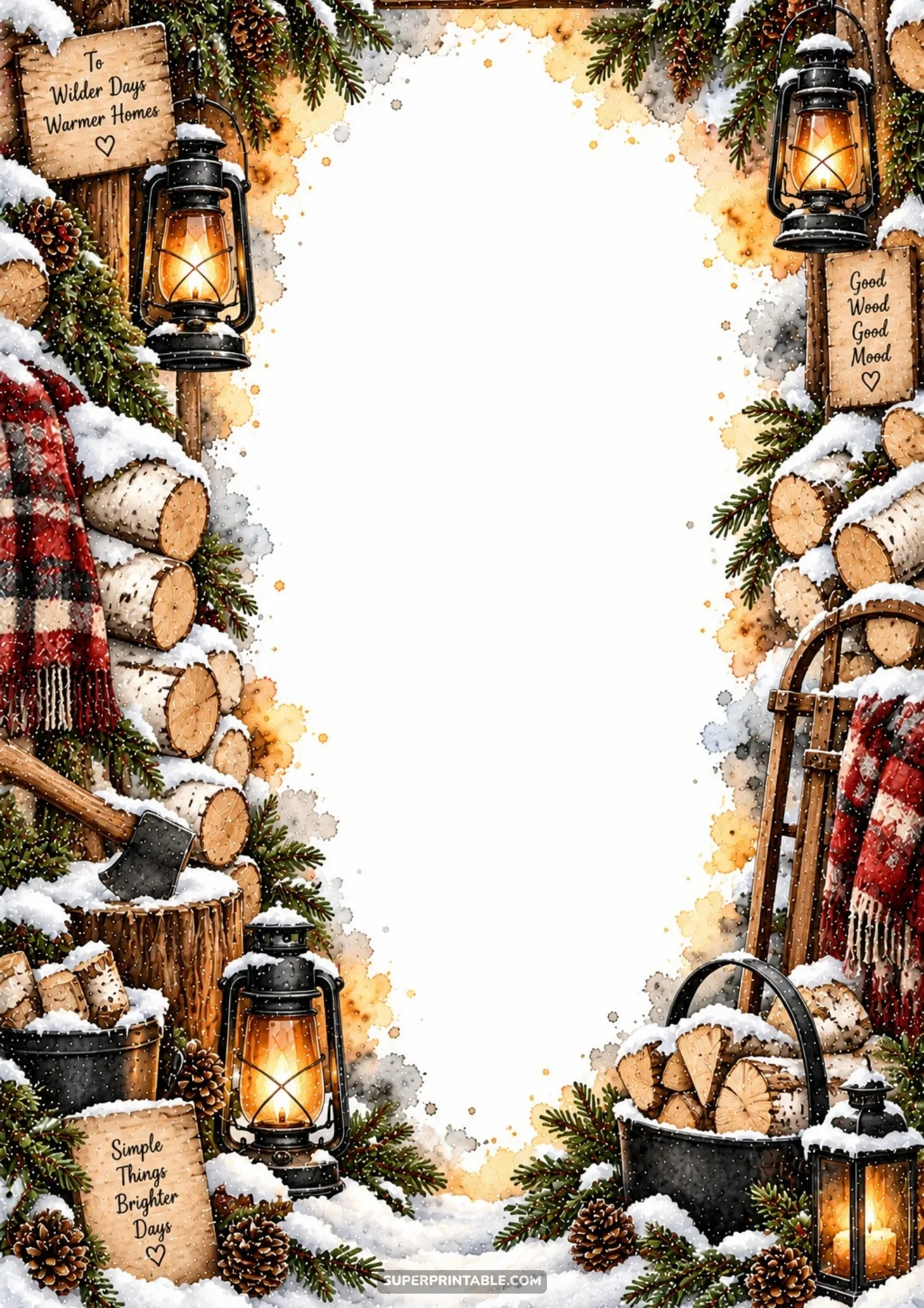 Snow-covered firewood stacks, glowing kerosene lanterns, chopping axe, and wooden sled border frame.