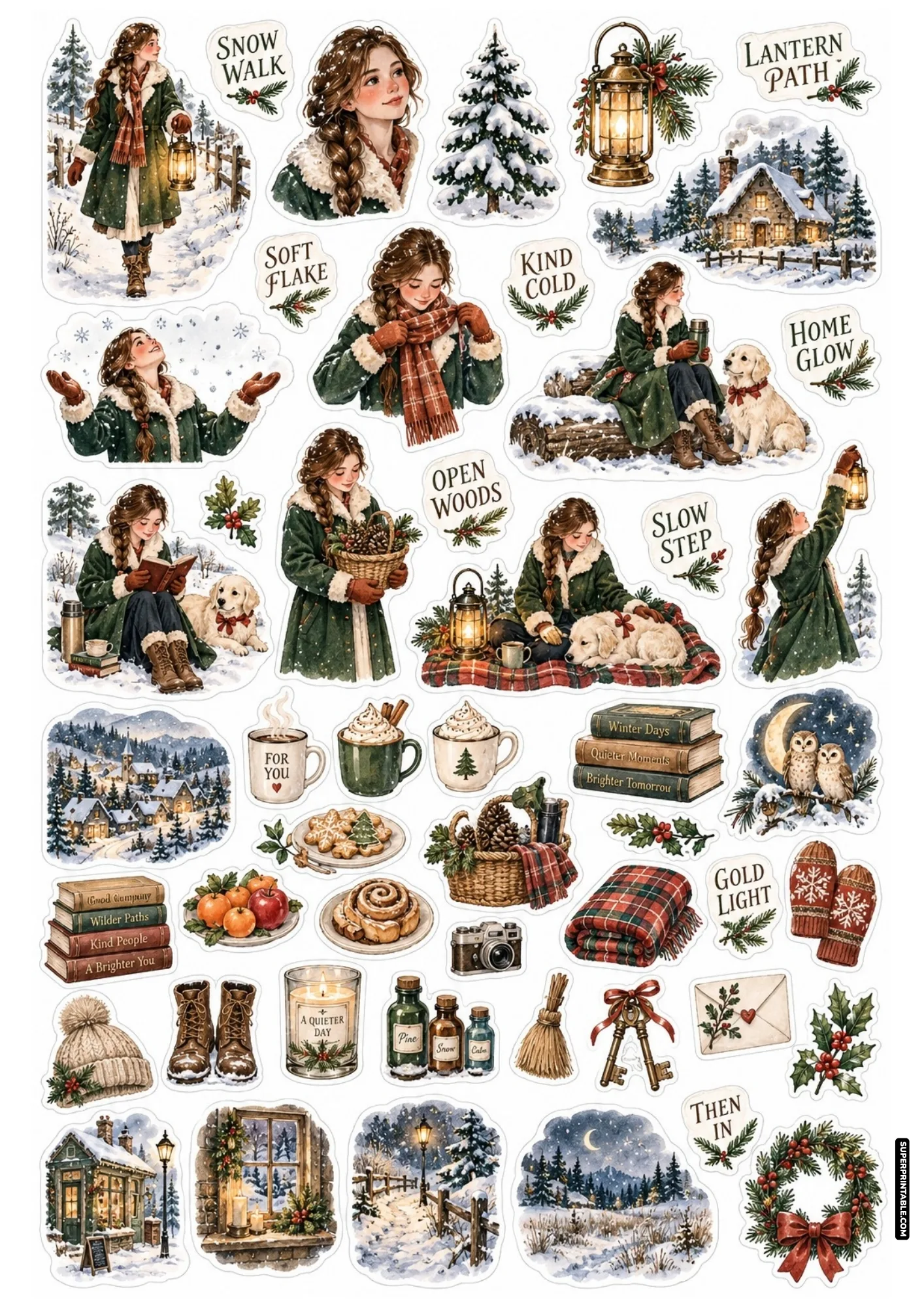 Printable Snow Day sticker sheets with winter forest walks, golden retriever pup, and cozy cabin elements.