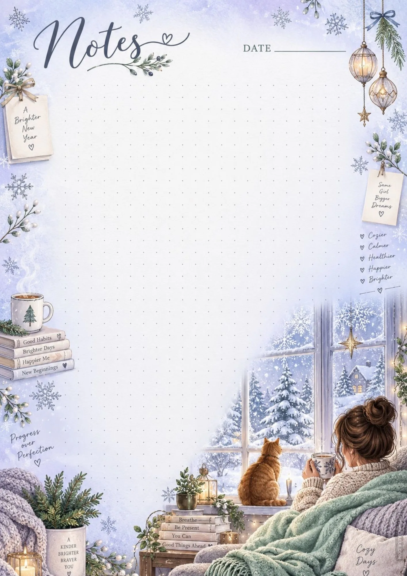 Printable stationery with a woman looking out a frosted window at a snowy pine tree forest.