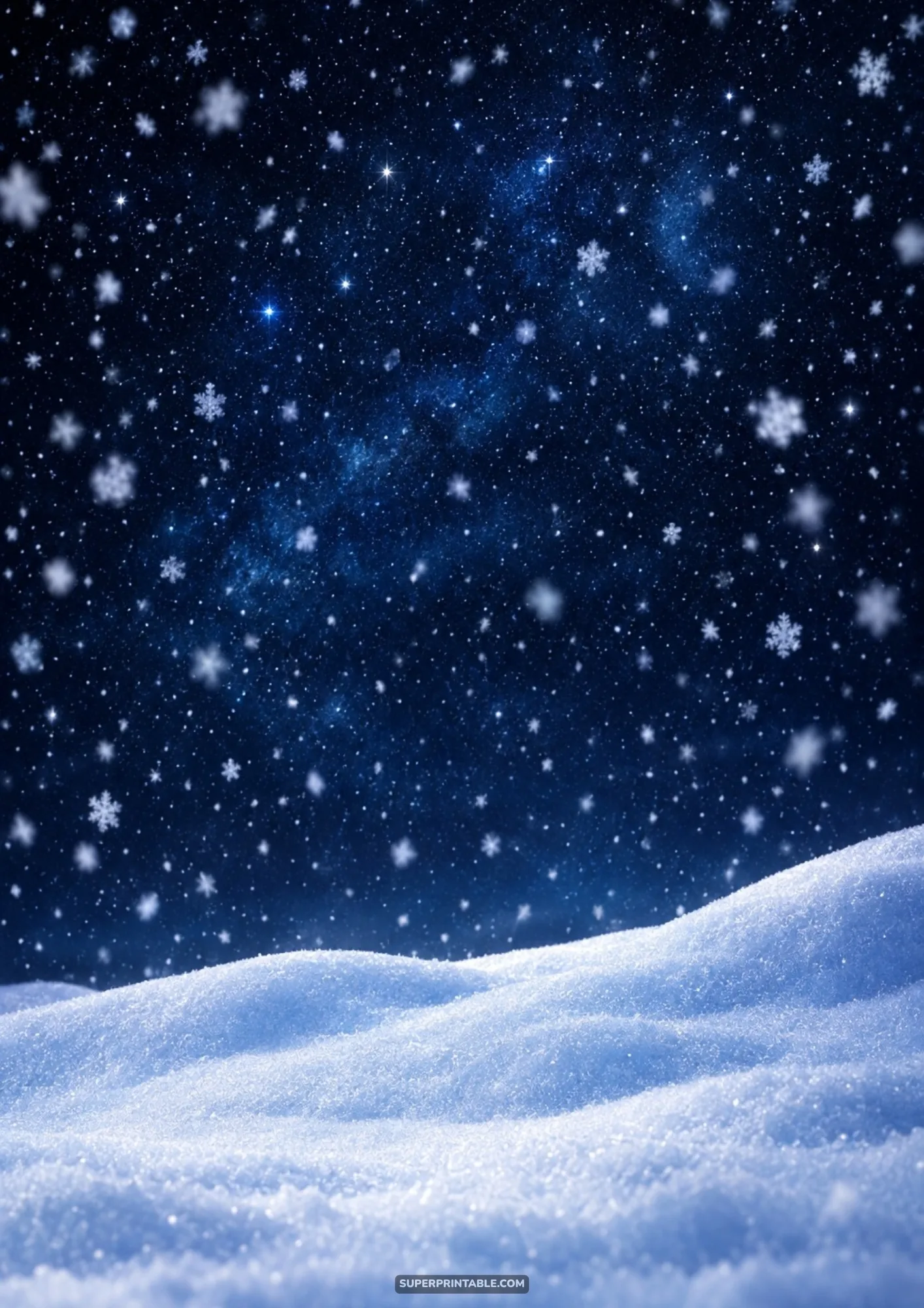 Winter wonderland backgrounds featuring sparkling snow drifts under a starry night sky and falling snowflakes