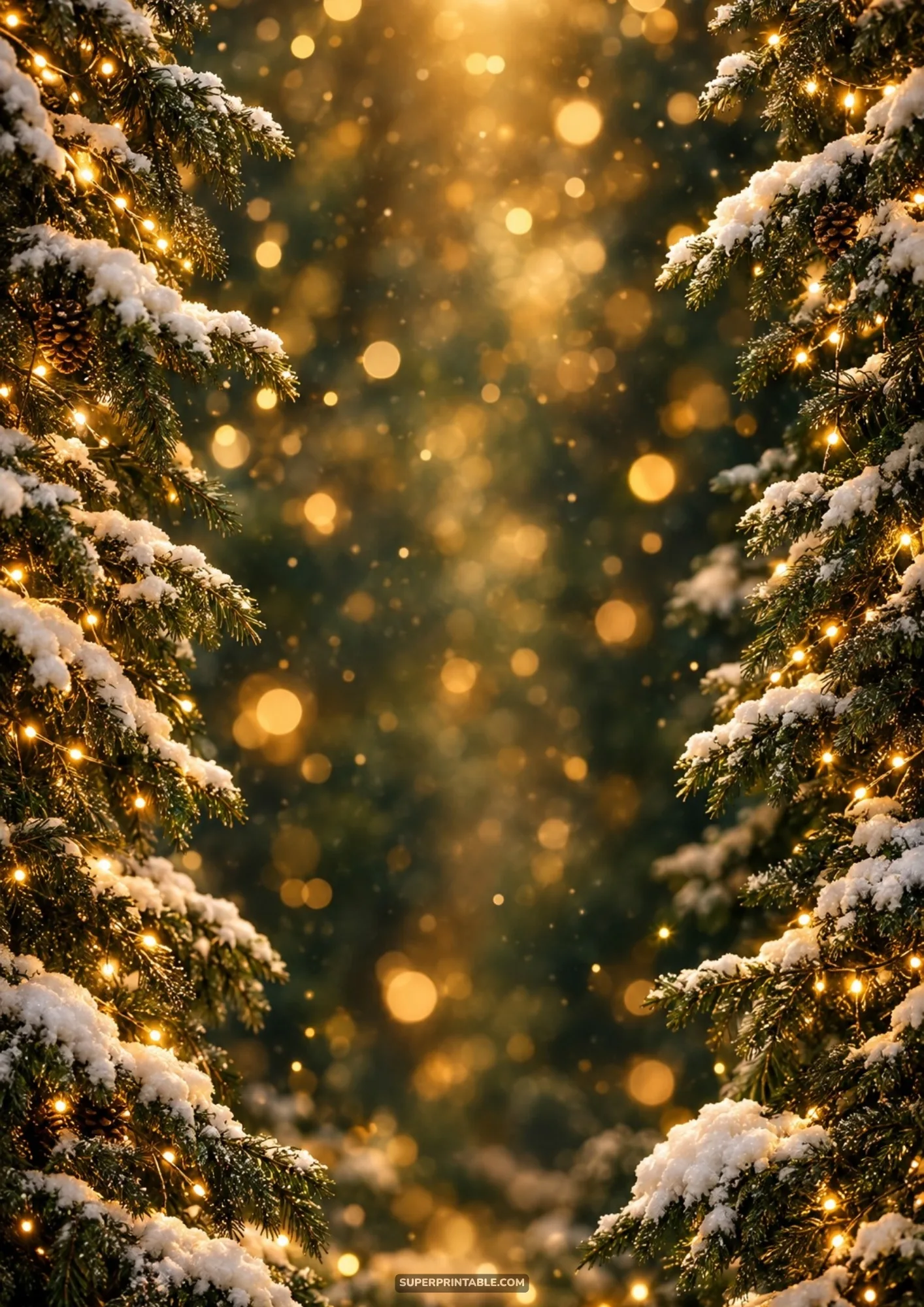 Winter wonderland backgrounds showing snow-laden pine branches illuminated by warm golden fairy lights
