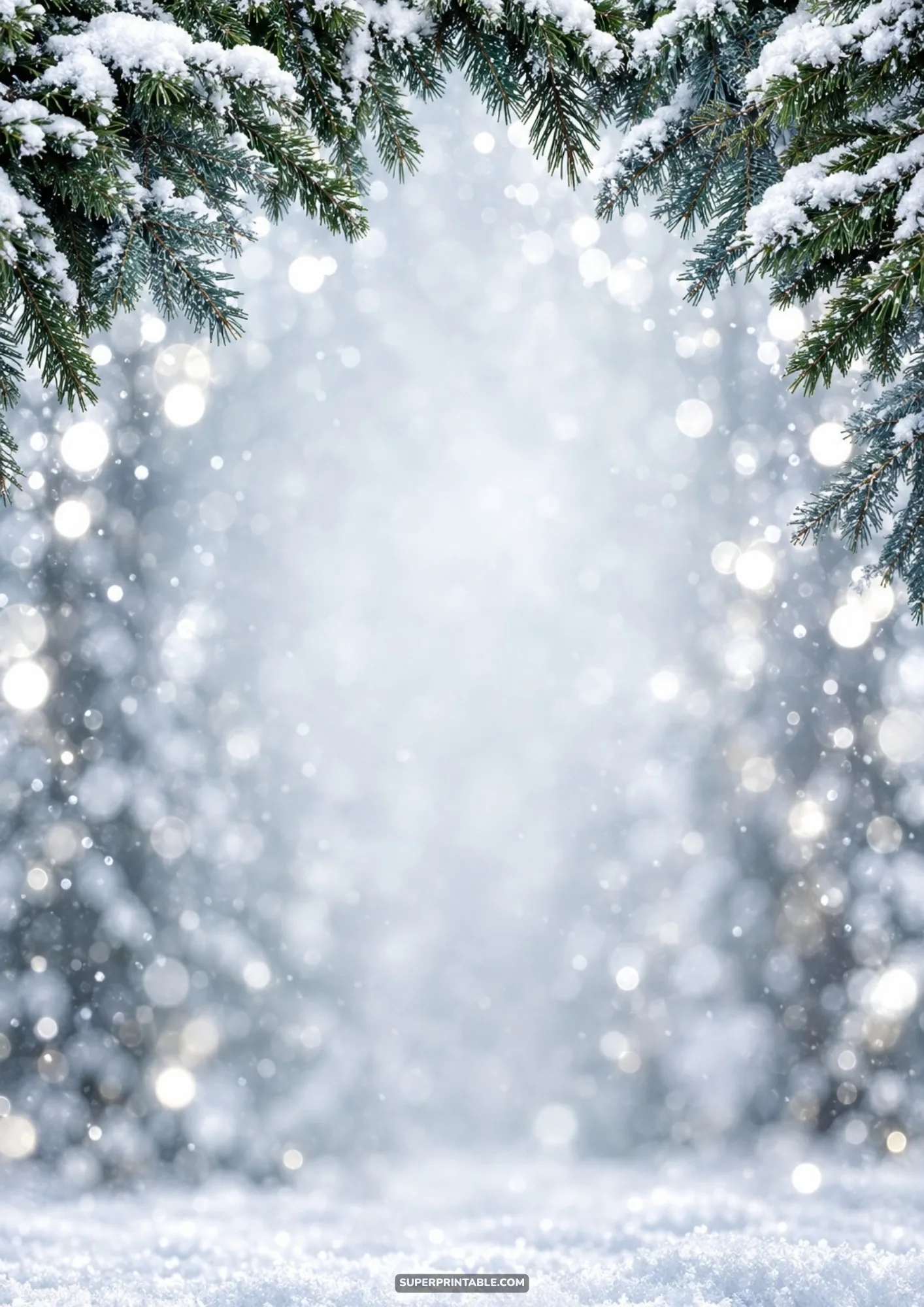 Snow-covered evergreen branches framing shimmering silver and pale blue bokeh light circles