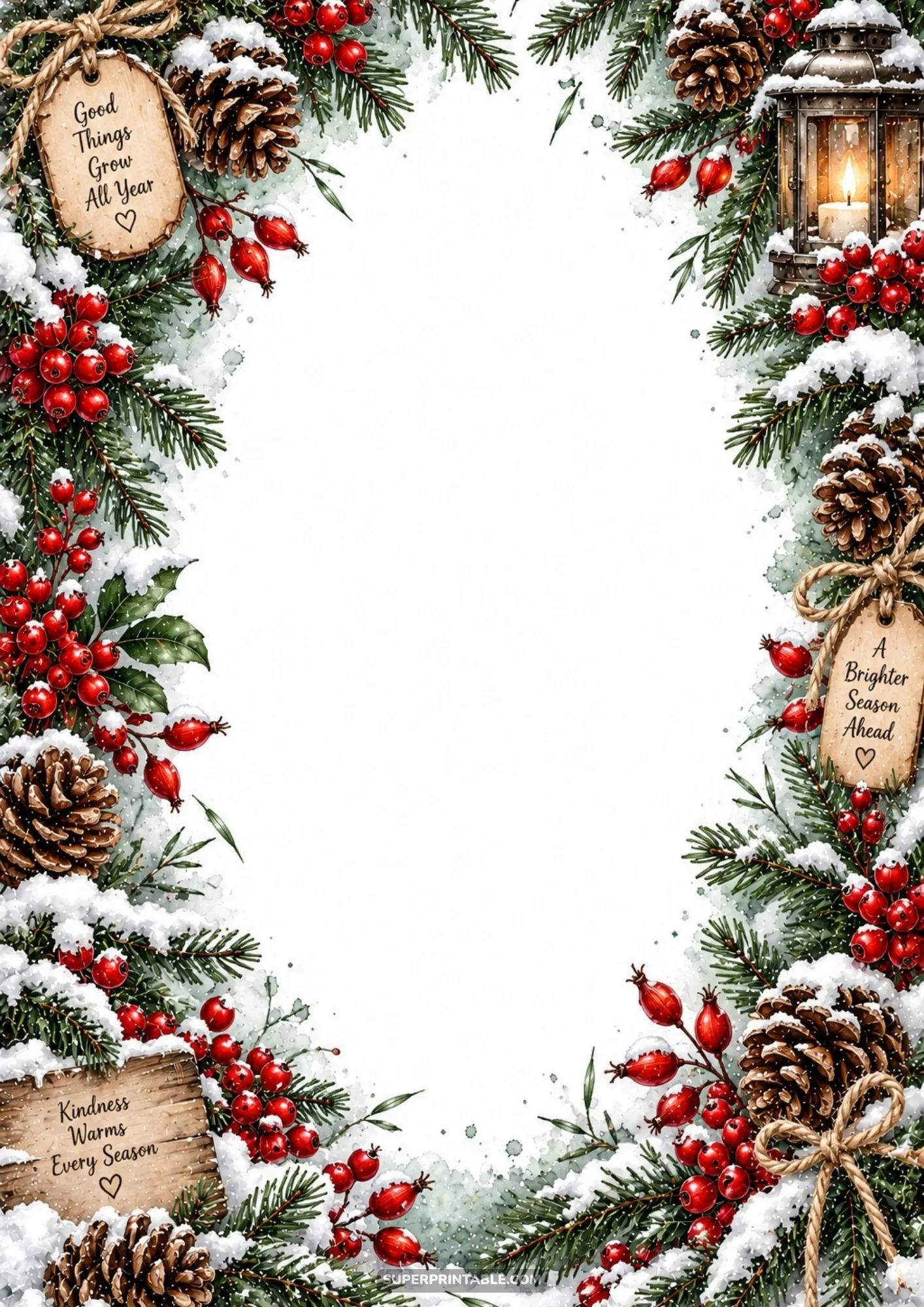 Snowy evergreen pine branches, red winter berries, pine cones, and a glowing lantern framing a blank page.