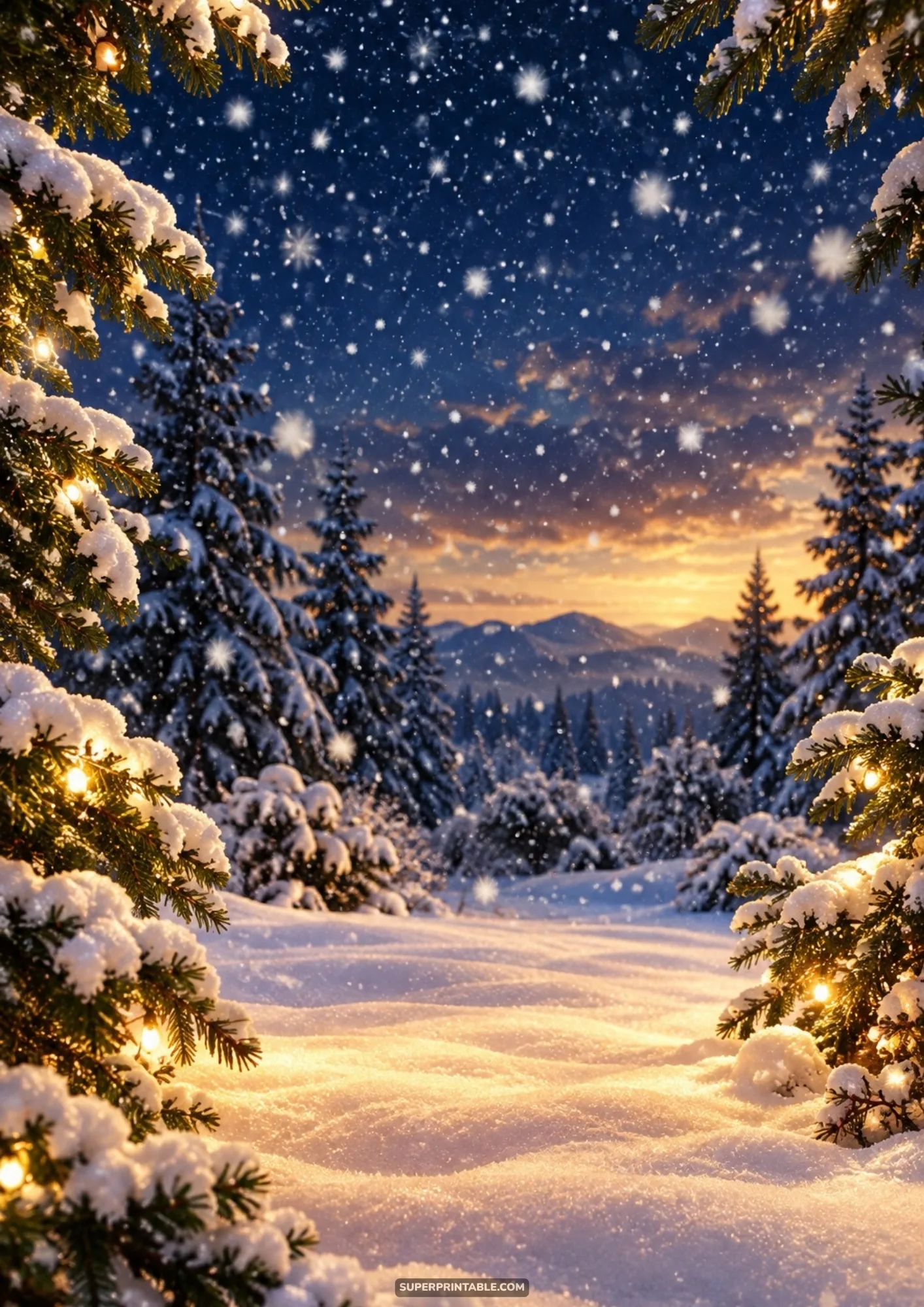 Snowy pine forest with twinkling fairy lights against a warm winter sunset