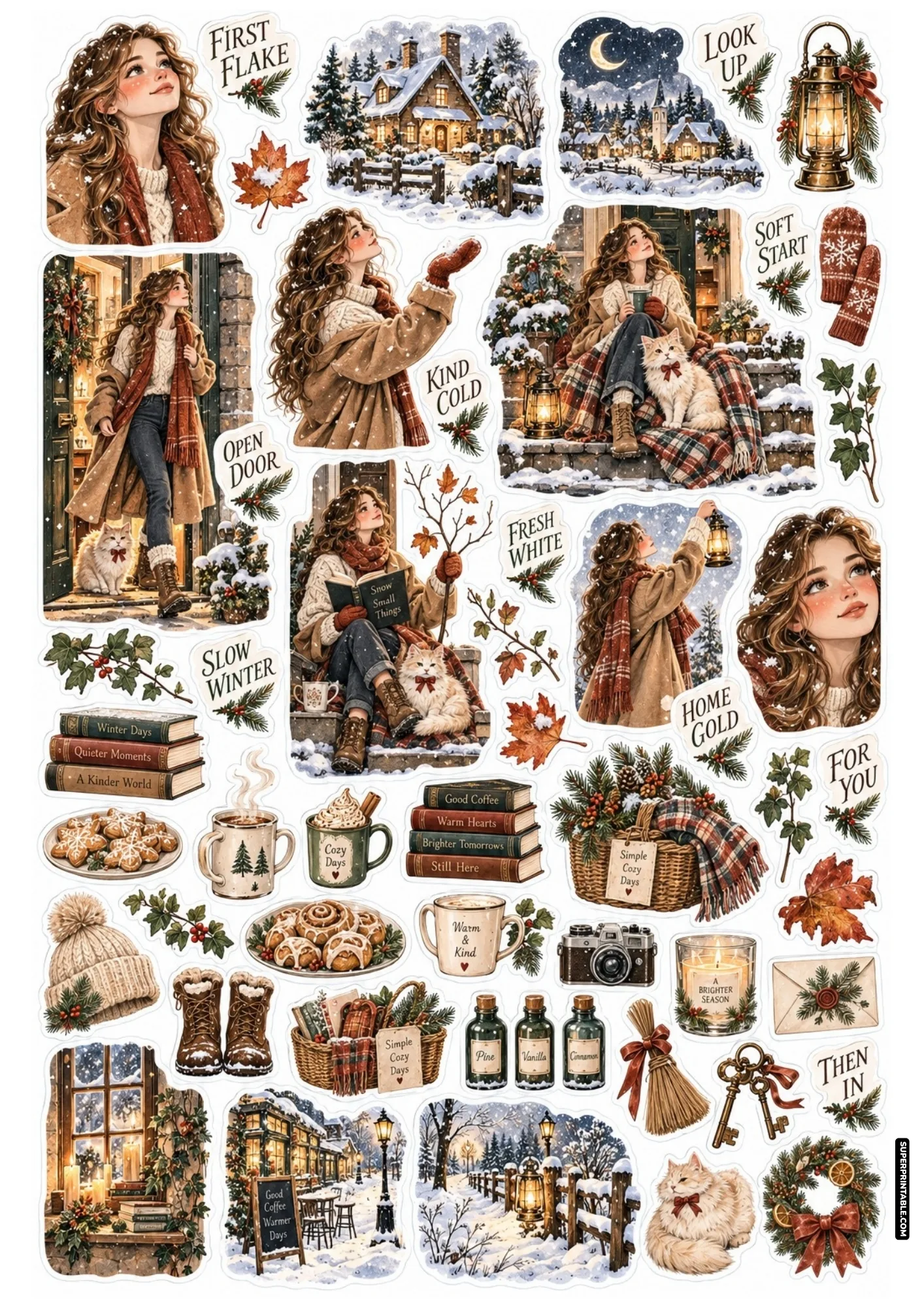 Winter porch sticker sheet with snow-covered cottage steps, fluffy white cat, and warm wool coat fashion.