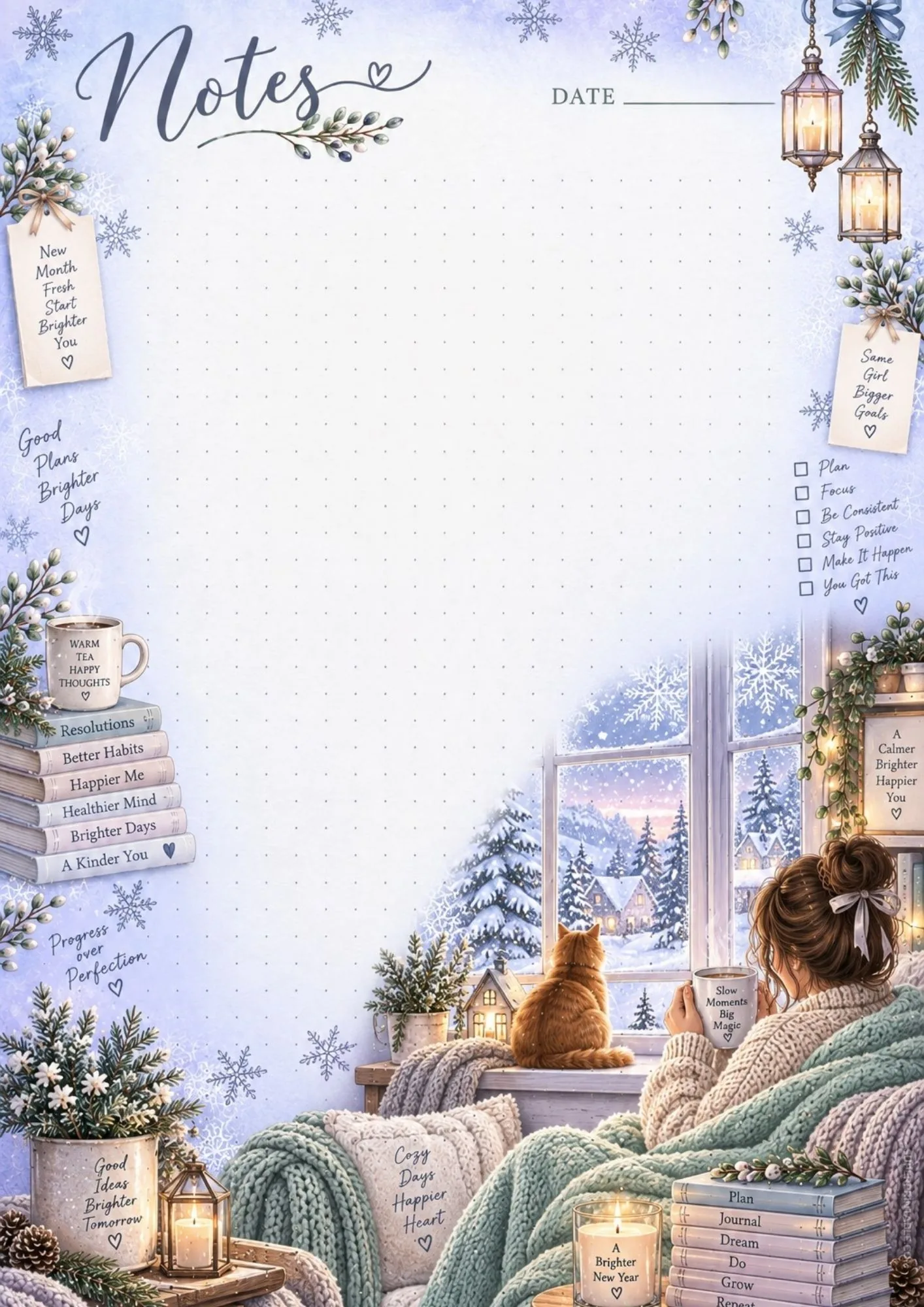 Winter stationery page showing a ginger cat sitting by a frosted window facing snowy pine trees.