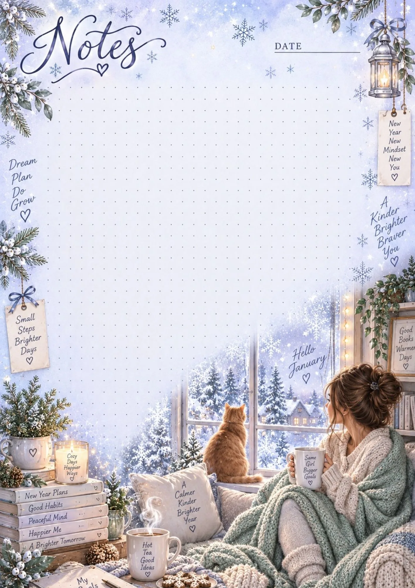 Charming printable january notes pages design with a ginger cat on a snowy window sill.