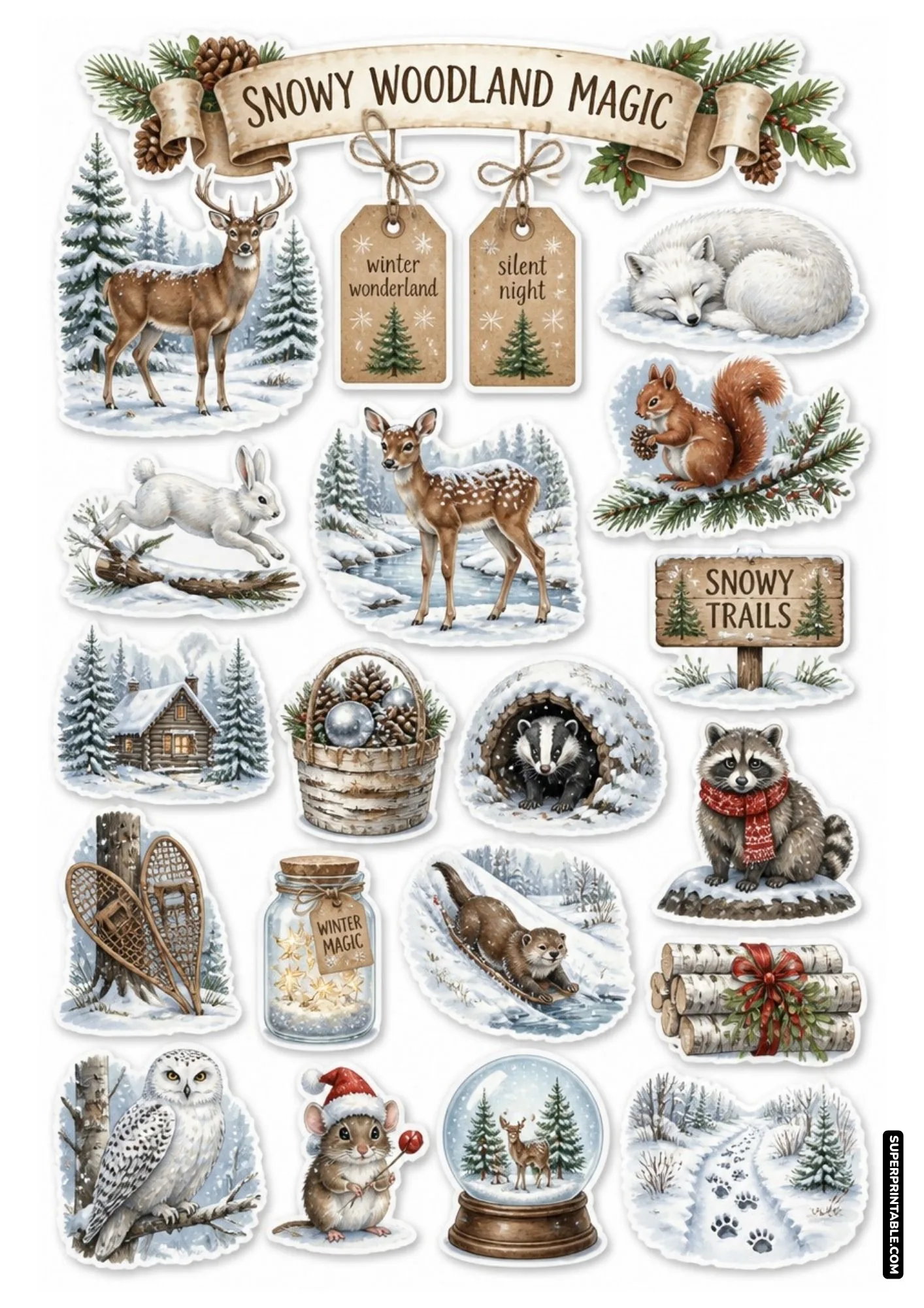 Winter woodland animal sticker sheet showing deer and foxes in snowy evergreen forests.