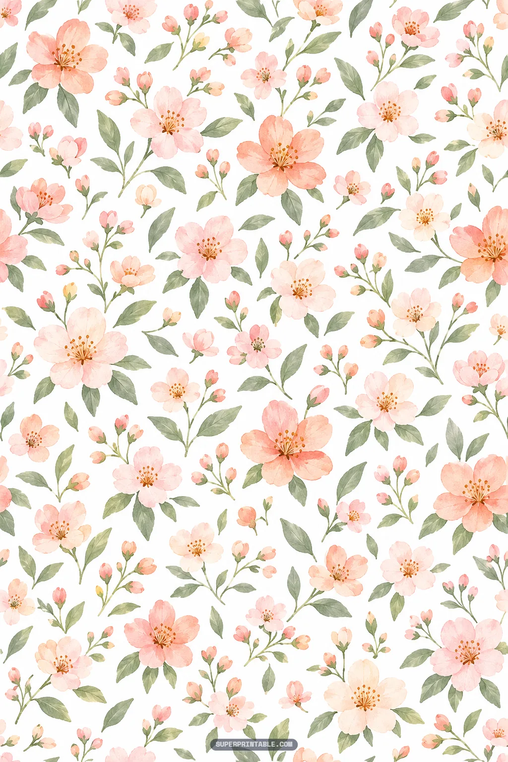 Allover botanical watercolor pattern of soft pink peach flowers, tender buds, and green foliage