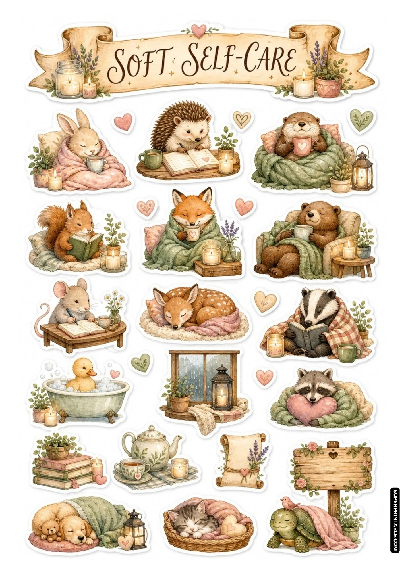 Soft self-care sticker sheet with sleeping puppy, duckling bath, and cozy reading animals.