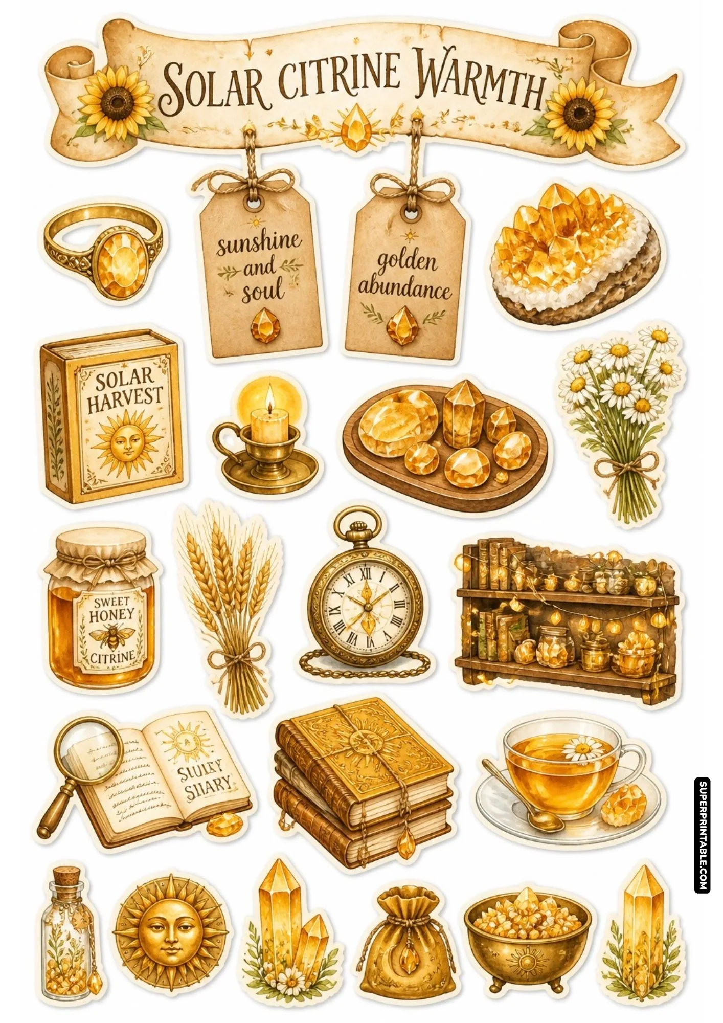 Golden yellow citrine crystals, sun motifs, honey jar, and autumn botanical illustrations on sticker sheet.