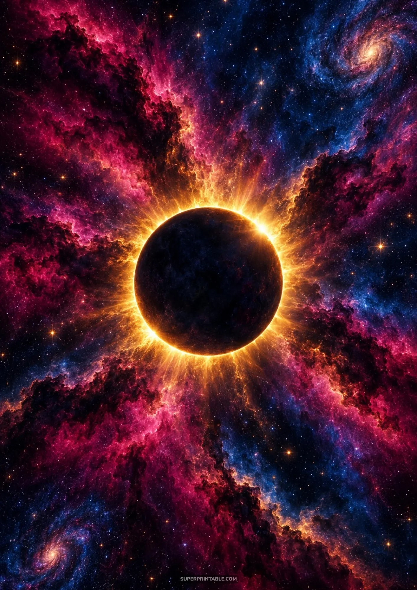 Dramatic total solar eclipse encircled by a fiery golden corona amidst vibrant magenta nebula dust