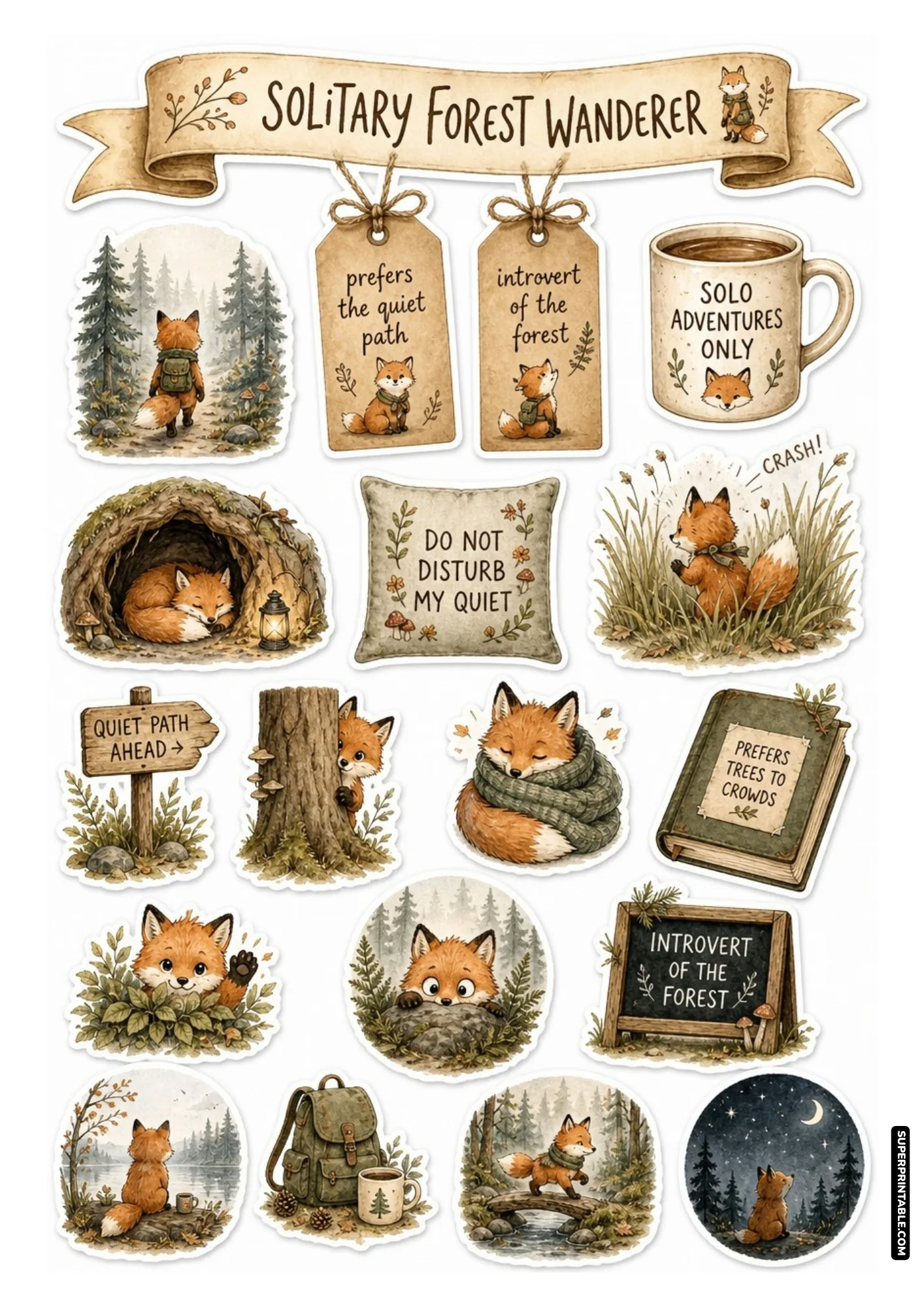 Printable quiet animals sticker sheets with solitary forest fox designs, hiking gear, and peaceful woodland scenery