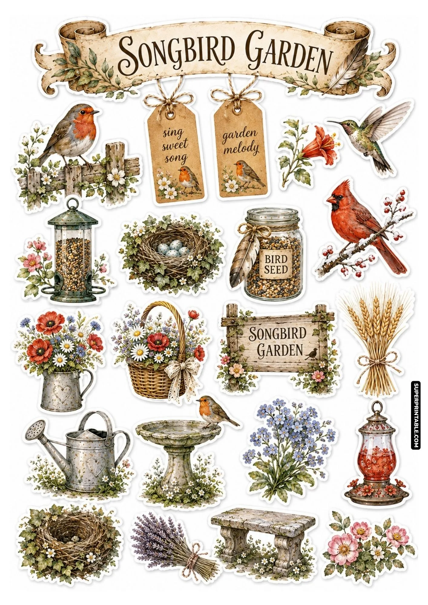 Botanical garden sticker collection with songbirds, bird feeders, nest with eggs, and watering can.
