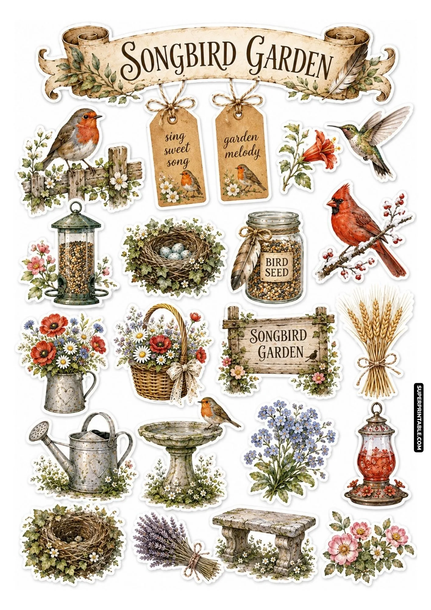 Detailed songbird garden sticker sheets displaying rustic feeders, lavender, and singing birds.