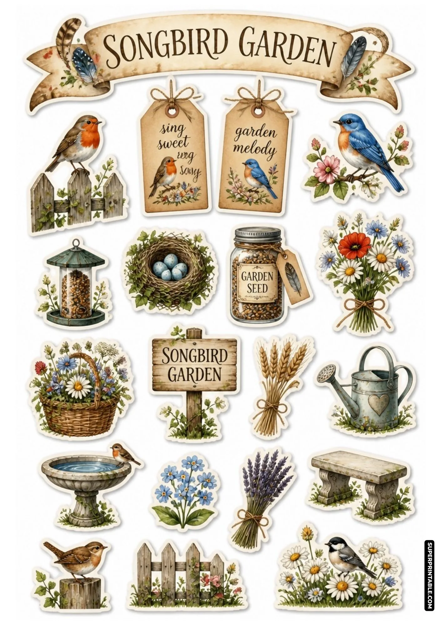 Printable bird sticker sheets featuring songbirds, garden flowers, birdhouses, and rustic wooden fences.
