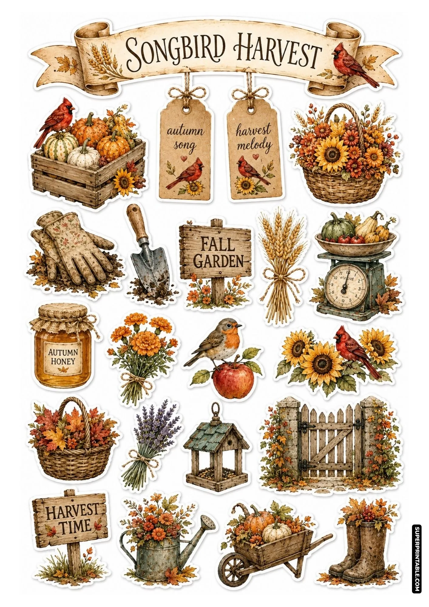 Autumn themed bird stickers featuring red cardinals, orange pumpkins, and fall leaves in baskets.