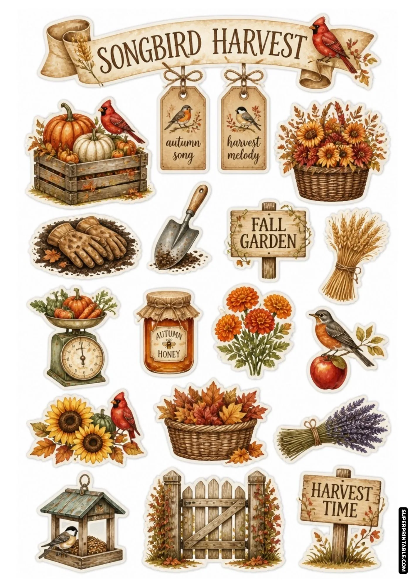 Autumn songbird harvest stickers featuring pumpkins, fall leaves, sunflowers, and wooden crates.