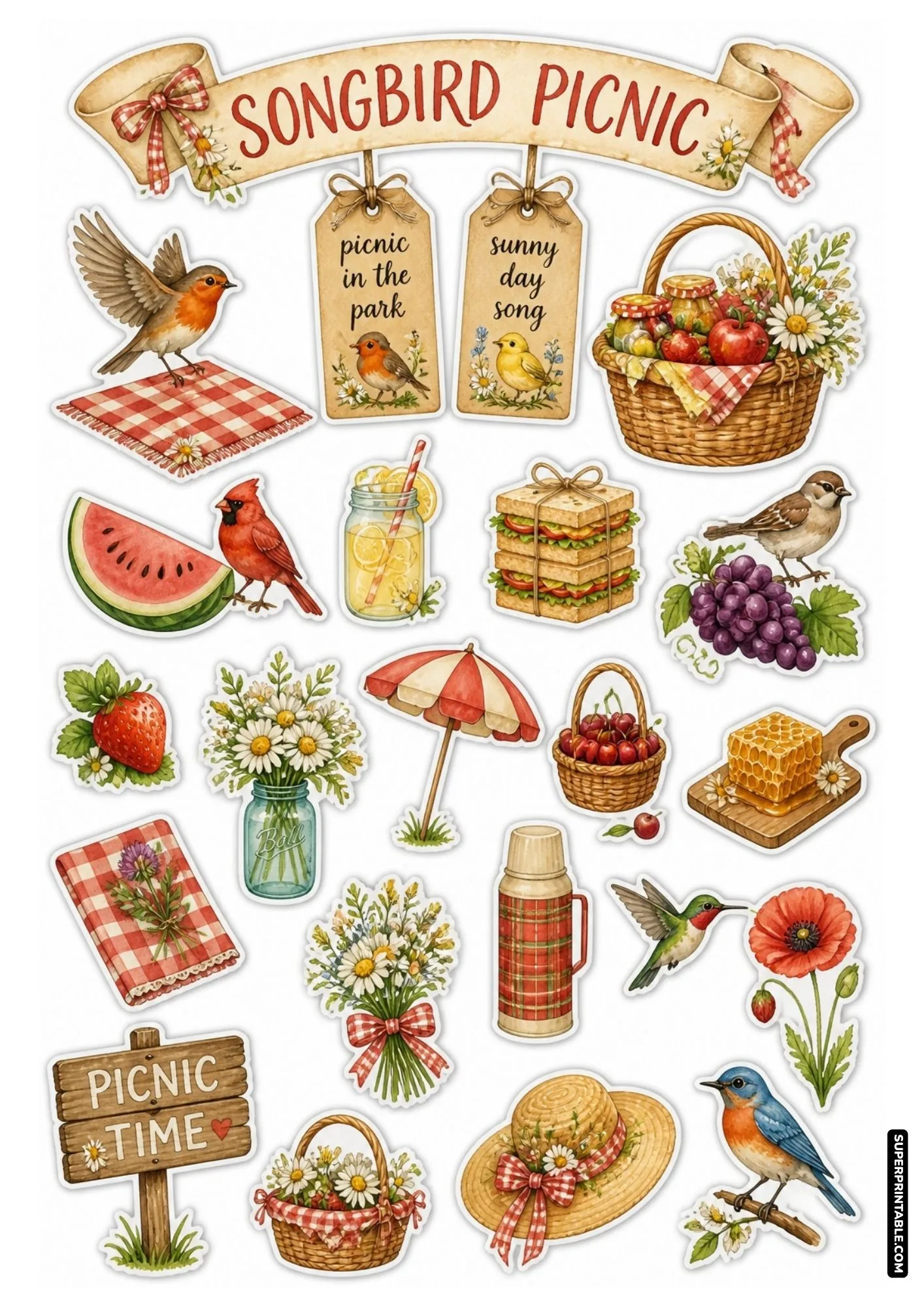 Songbird picnic stickers showing red gingham blankets, sandwiches, lemonade, and straw hats.