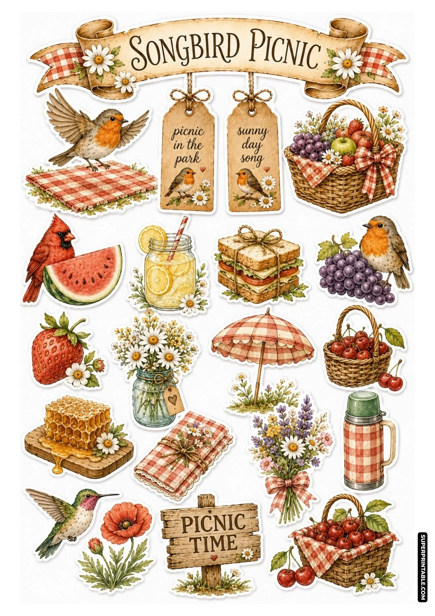 Summer picnic sticker sheet with flying songbirds, lemonade jar, sandwiches, and fresh berries.
