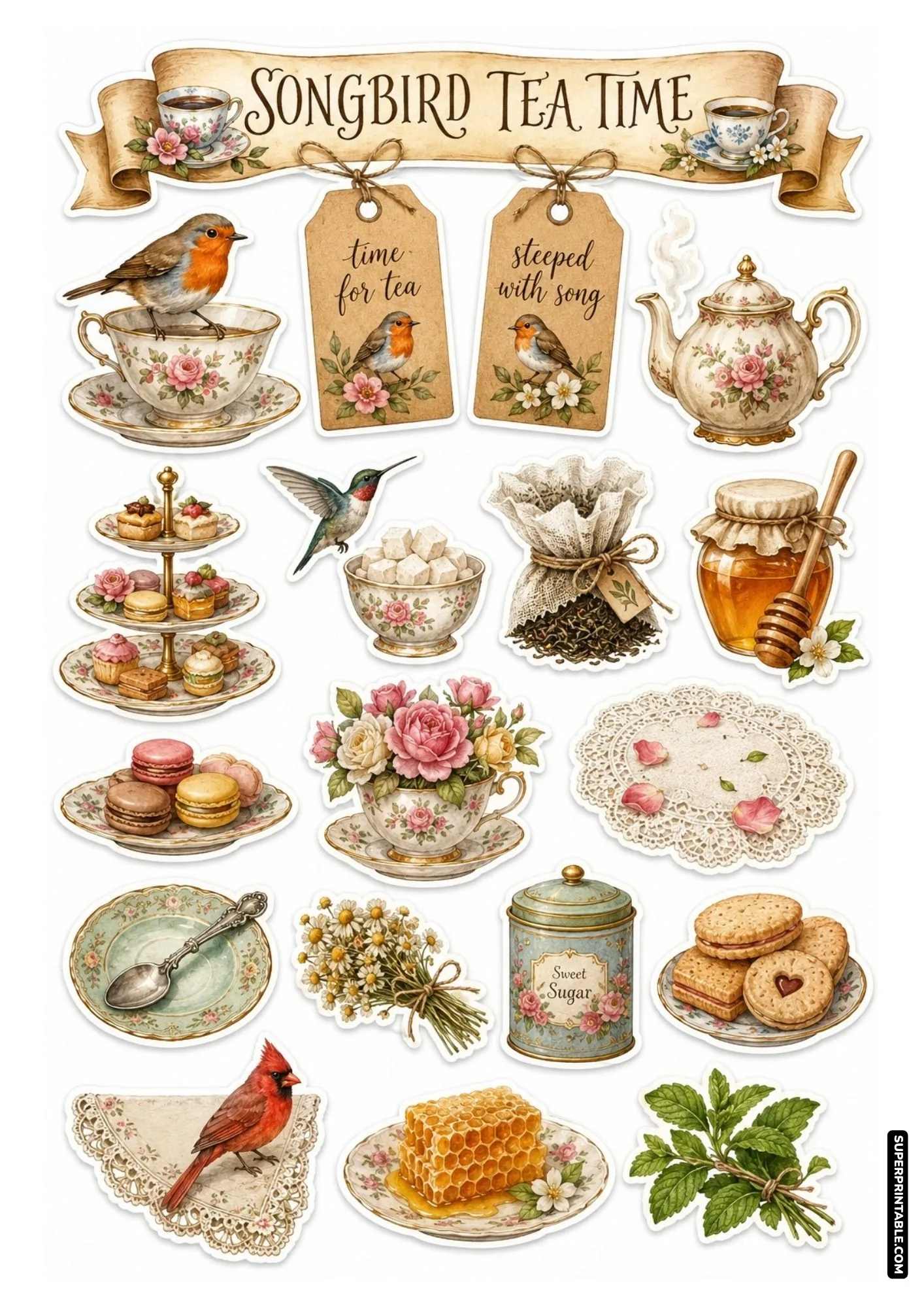 Vintage tea party printable stickers with birds perched on china teacups and sweet macarons.