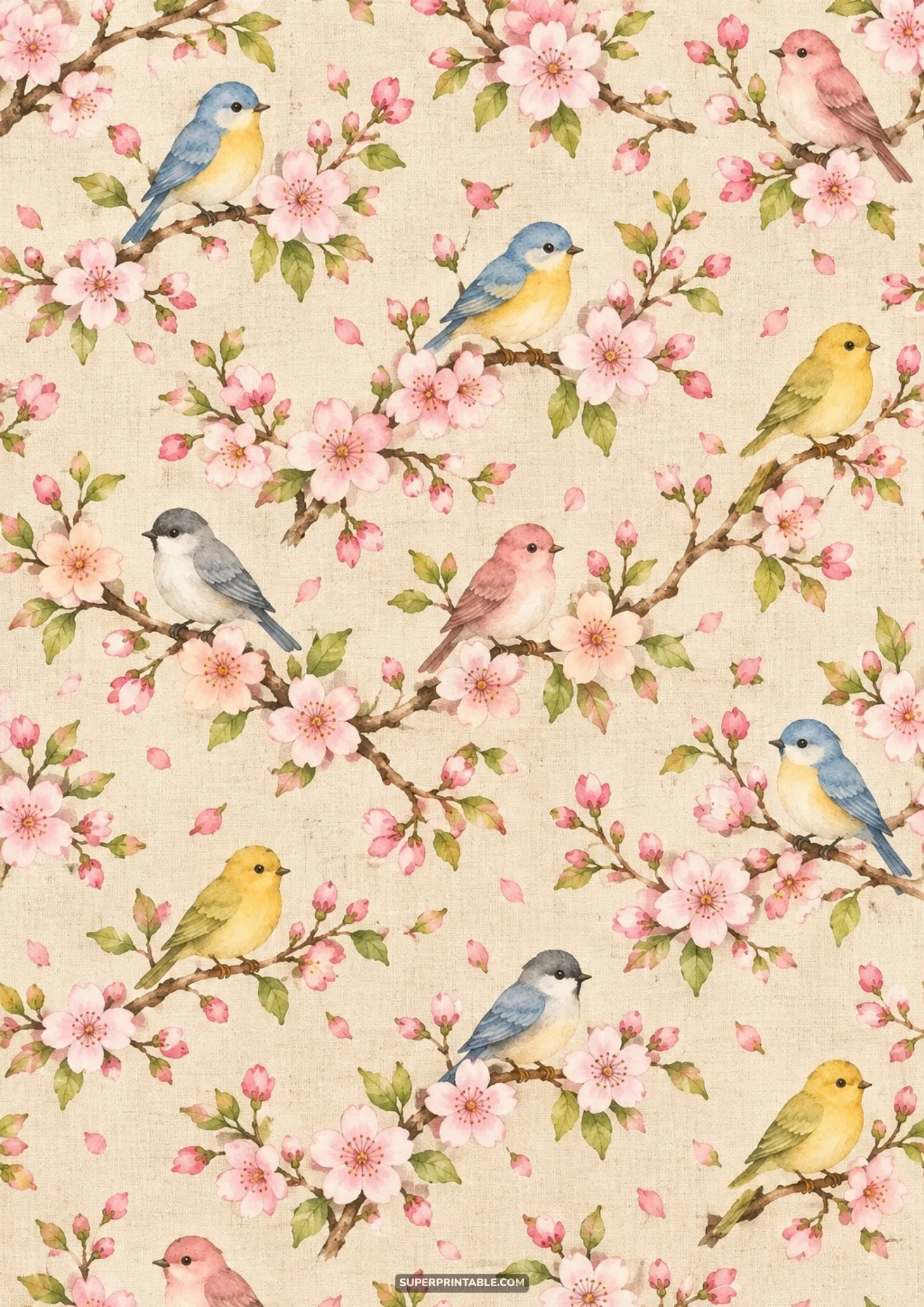 Illustrated blue, yellow, and rose songbirds perched on pink sakura branches over textured linen fabric