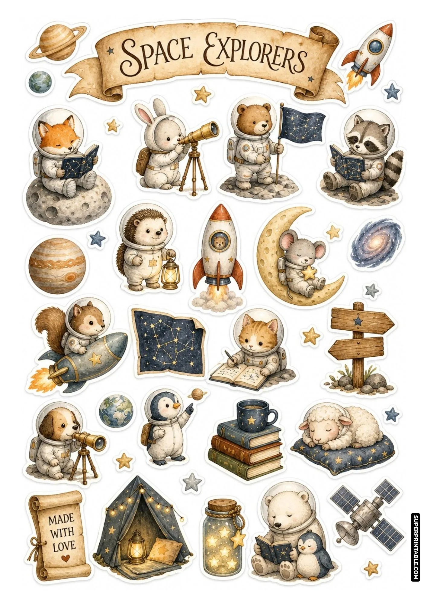 Space exploration sticker sheets with cute animals in helmets reading books and holding space flags.