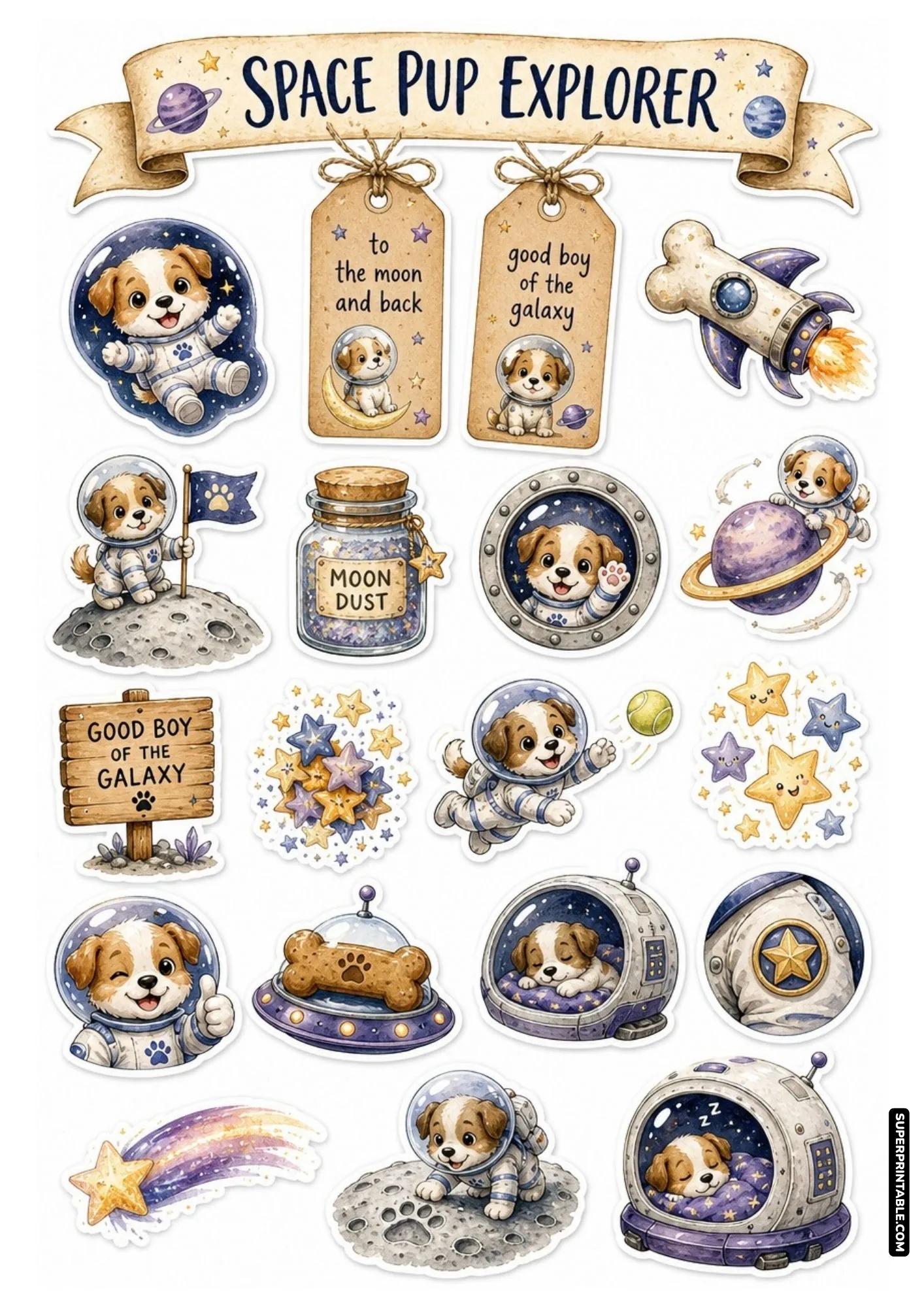 Space pup explorer sticker sheet with puppy astronauts, bone rockets, and starry moons.